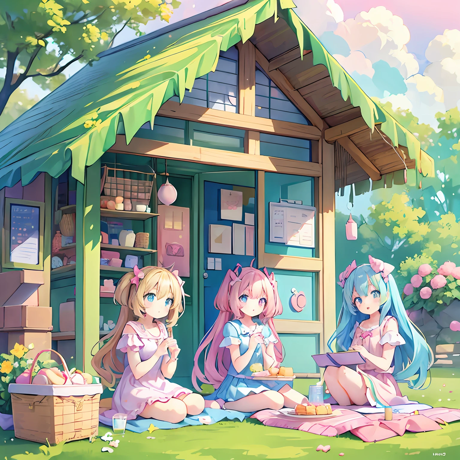masterpiece, (2girls and 2girls and 2girls and 2girls at picnic), idol, big eyes, kawaiitech, kawaii, cute, pastel colors, best quality, happy, deep background, symmetrical, tilted head, summer