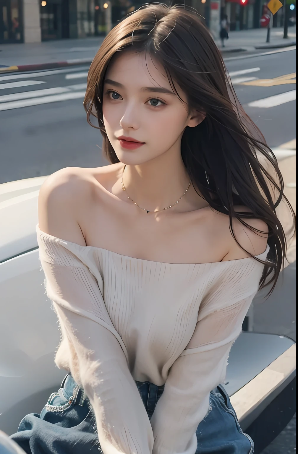 （（jon，the hair））， Stand up， （An extremely delicate and beautiful work）， （tmasterpiece）， 1girll， Delicate off-the-shoulder top，Delicate jeans，beautifullegs， highly  detailed， long whitr hair，full bodyesbian， Enchanted smile， beautiful and clear eyes， delicatenecklace， Delicate earrings， Extreme detail description， big breasts beautiful，s delicate face， fine collar bone，lovely lips， Behind the softness， mix4，（8K， RAW photos， best qualtiy， tmasterpiece：1.2）， （realisticlying， photograph realistic：1.4）， 1girll， adolable， the street，physically-based renderingt， full bodyesbian，School Uniform