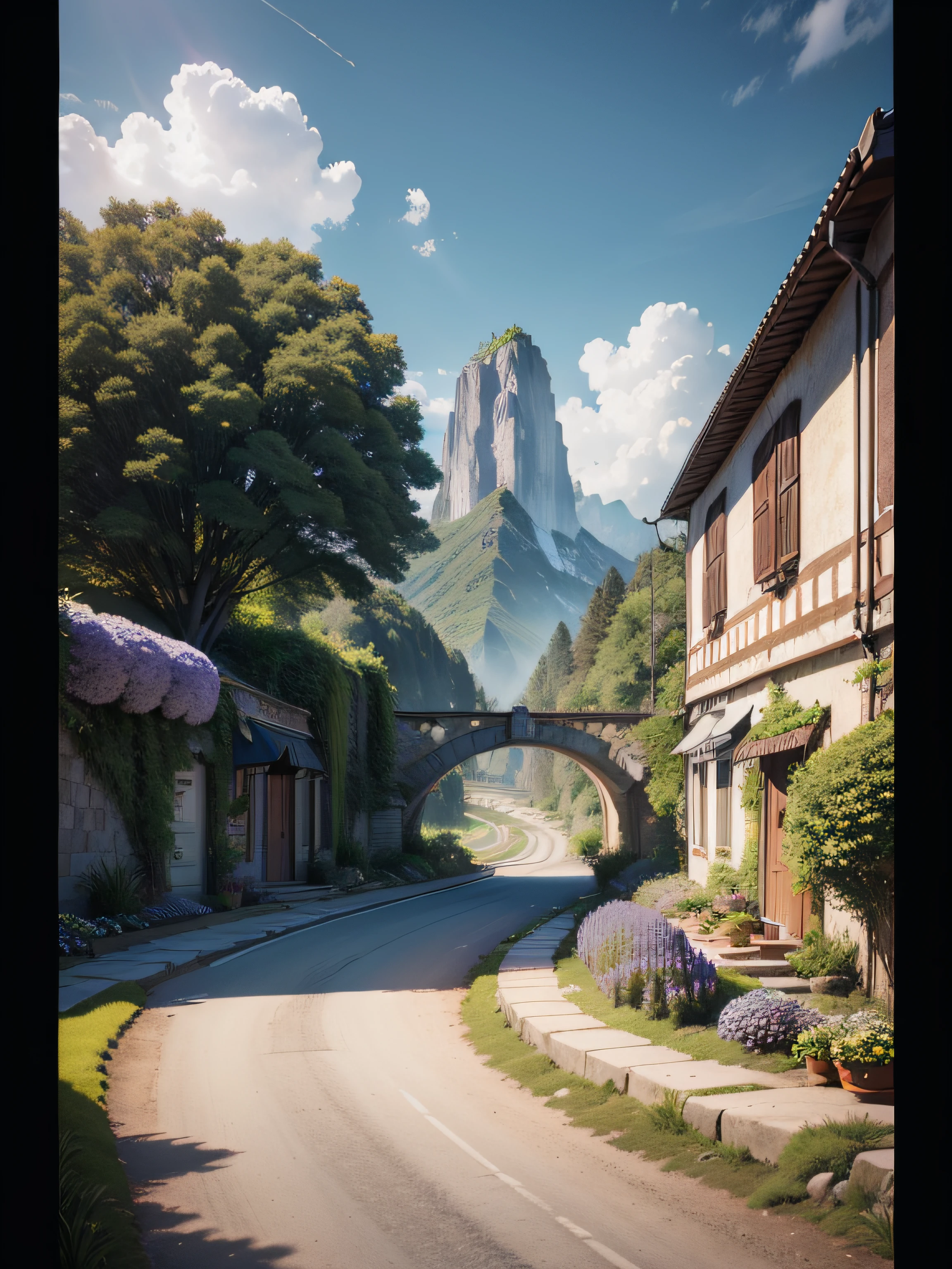 (ultra high res, photorealistic, best quality, photo-realistic),(8k,raw photo,best quality, masterplece),(photon mapping, radiosity, physically-based rendering, automatic white balance), photograph, bridge, building, bush, city, cloud, day, door, fence, field,orest, garden, grass, house, hydrangea, mountain, nature, no_humans, outdoors, path, plant, potted_plant, purple_flower, road, scenery, sky, skyscraper, traditional_media, tree