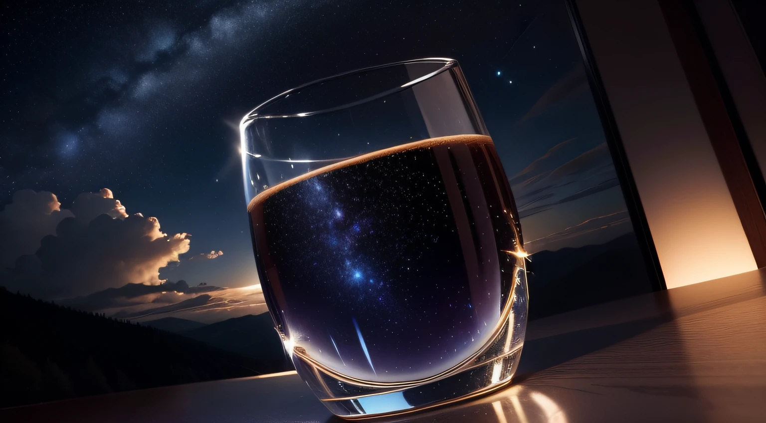(drinking glass), cup,(glass),no humans, reflection,starry sky, scenery, cloud, , sparkle,