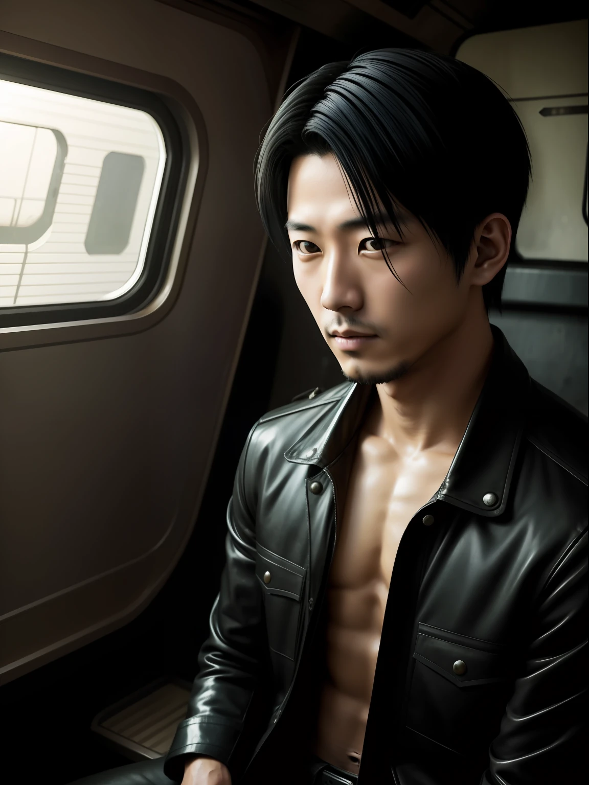 Masterpiece level Naoya Kuroshima style realistic depiction,Best quality perfect restoration,Naoya Kuroshima works as a charming hairdresser,Medium build,In a devastated futuristic world,Crashed Japanese train,He found himself struggling to survive in extreme conditions,Look for water or communication。