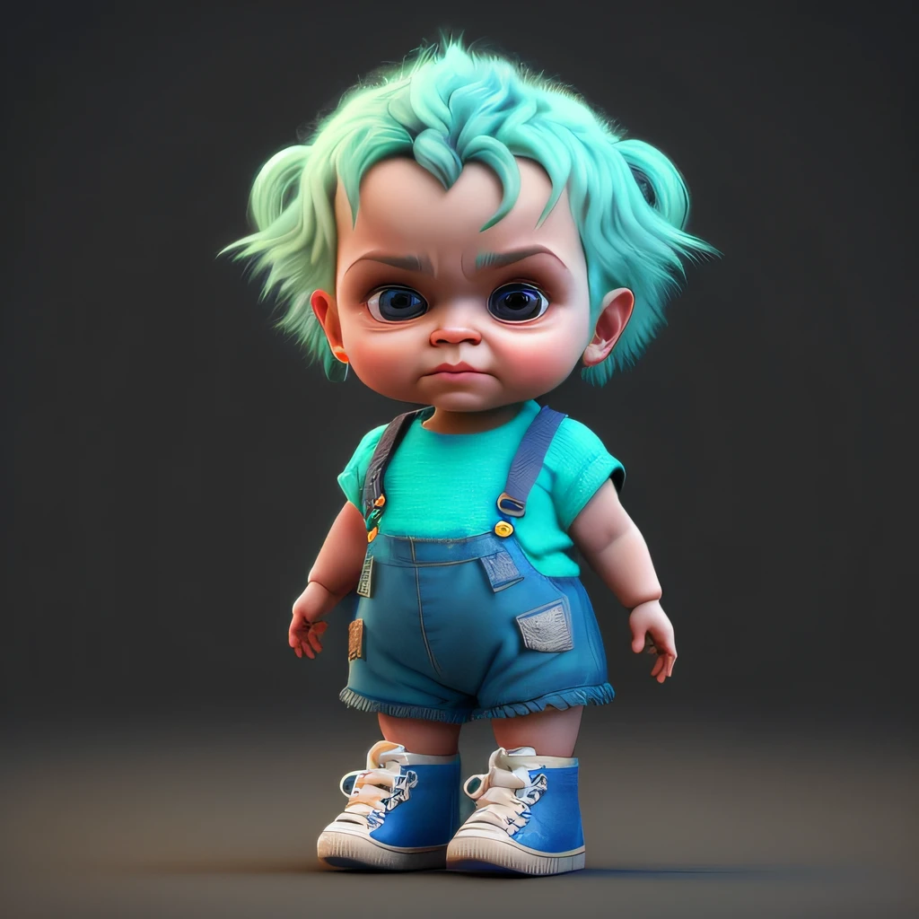 cbzbb, arlequina, personagem, cabelo azul e vermelho, olho azul, um olho azul, um olho verde, fofa, shorts azul e vermelho, taco basebol, bota vermelha e azul, sorriso, pequeno, bonito, Digital Art, Detailed, Cute, Realistic, Humanoid, Character, tiny, Cinematic Sho, Cinematic Lights, arlequina, Looks happy