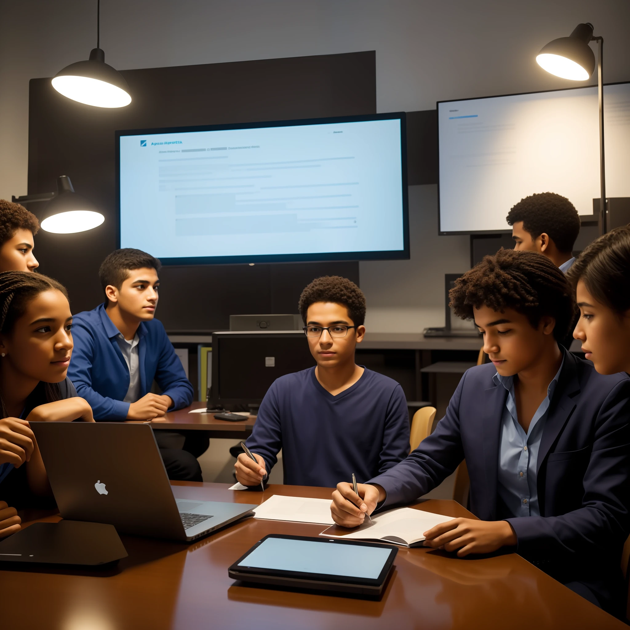 "Produce a realistic, detailed, high-resolution image that represents a diverse group of public school students, with a mean age of 17 years. Eles devem estar reunidos em torno de uma mesa grande, completamente imersos em um projeto de impacto social. Os estudantes devem ser vistos escrevendo, discutindo, apontando para diagramas e folhas de papel e usando laptops. Certifique-se de que a cena seja realista e que todos os personagens e objetos estejam corretos e proporcionais, no deformations or foreign elements. Lighting should be natural, suggesting that they are working during the day, em uma sala bem iluminada. The level of detail should be sufficient to create a 'realistic photo' feel".
