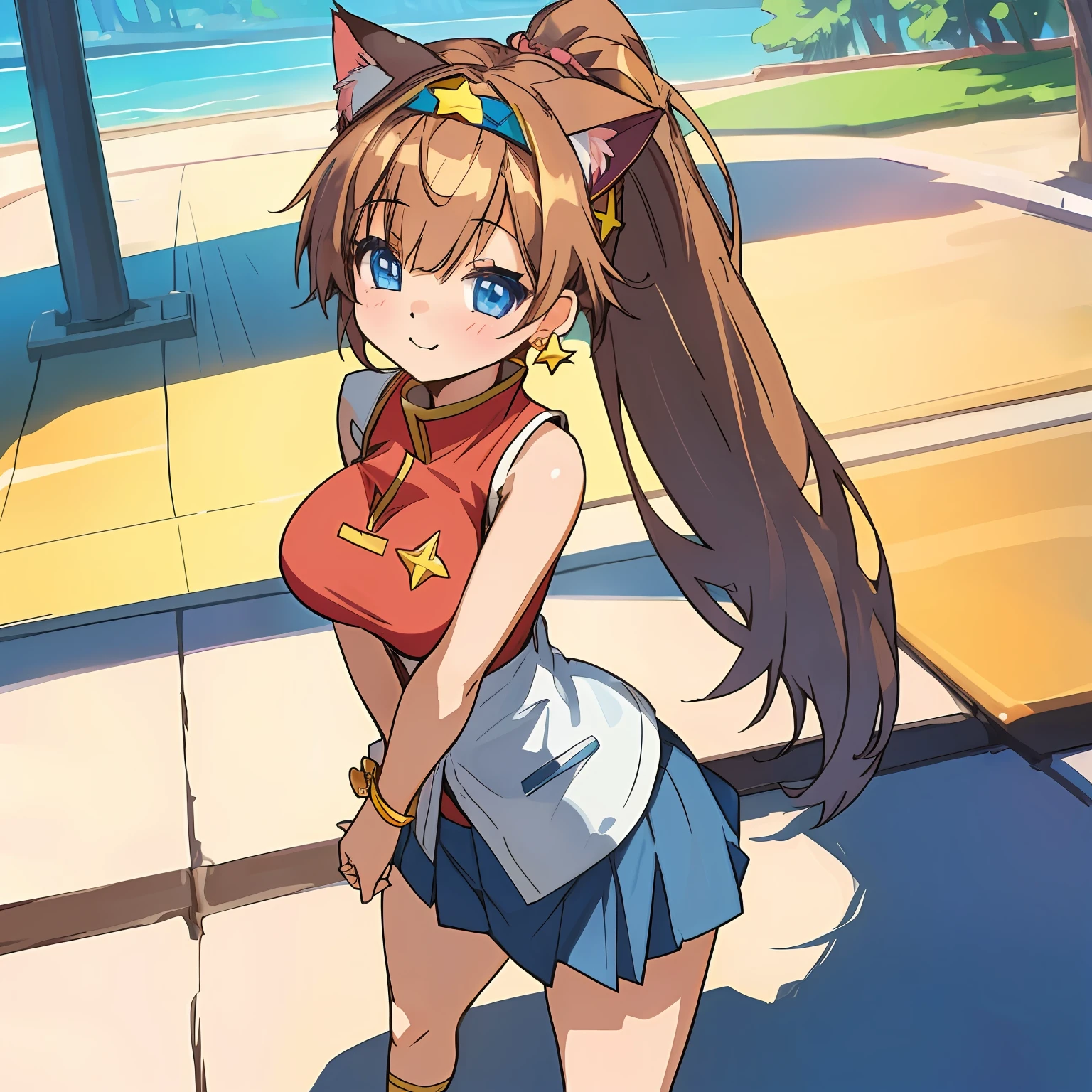 (Highly detailed CG Unity 8k wallpaper), (Best Quality), (Super Detail), (Best Illustration), (Best Shadow), POV, Realistic lighting and shading, Natural light, Lens flare effect, BREAK, 1 beautiful girl, Solo,(Cute:1.5),(Chibi:0.8), (kawaii:1.5),(Lori:0.5), BREAK, ( ( girl), Very detailed, colourfull, highest details, BREAK, (Huge breasts: 1. 2,), Clear skin, Beautiful skin, Shy skin, 1 beautiful girl, Brown hair, (Cat ears, Ponytail, medium-Long hair: 1. 2), (Light blue eyes, long eyelashes, Double eyelids: 1. 2), Solo, gleaming skin, BREAK,(skirt by the,a miniskirt,Panchira:1.2), (sleeveless, sleeveless shirts, Red shirt:1.2), (star-shaped earring:1.1), (Lace headband:1.0), (Cute Accessories:1.3), (a smile,happiness:1.1), (is standing,Slouched:1.3), (Angle from the front:1.1), BREAK, ,
