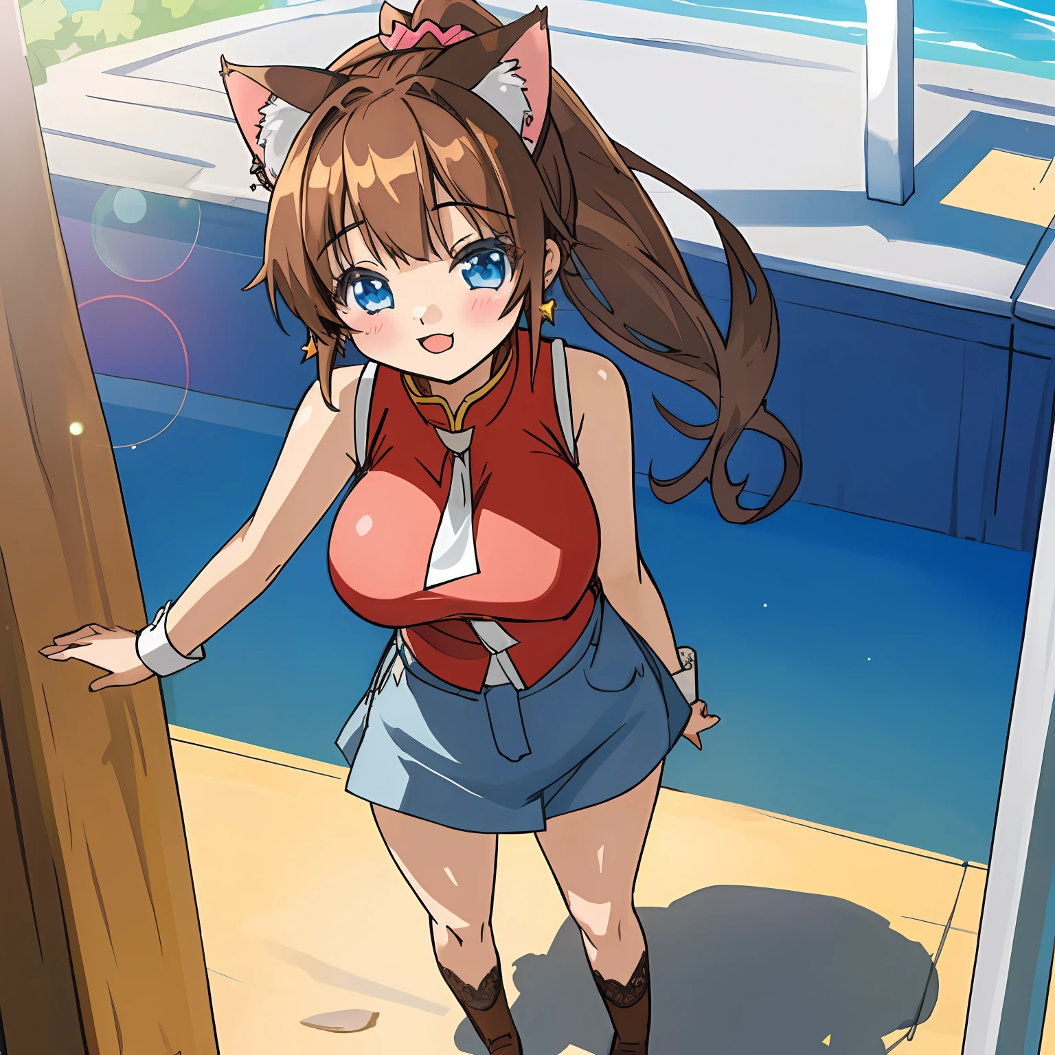 (Highly detailed CG Unity 8k wallpaper), (Best Quality), (Super Detail), (Best Illustration), (Best Shadow), POV, Realistic lighting and shading, Natural light, Lens flare effect, BREAK, 1 beautiful girl, Solo,(Cute:1.5),(Chibi:0.8), (kawaii:1.5),(Lori:0.5), BREAK, ( ( girl), Very detailed, colourfull, highest details, BREAK, (Huge breasts: 1. 2,), Clear skin, Beautiful skin, Shy skin, 1 beautiful girl, Brown hair, (Cat ears, Ponytail, medium-Long hair: 1. 2), (Light blue eyes, long eyelashes, Double eyelids: 1. 2), Solo, gleaming skin, BREAK,(skirt by the,a miniskirt,Panchira:1.2), (sleeveless, sleeveless shirts, Red shirt:1.2), (star-shaped earring:1.1), (Lace headband:1.0), (Cute Accessories:1.3), (a smile,happiness:1.1), (is standing,Slouched:1.3), (Angle from the front:1.1), BREAK, ,