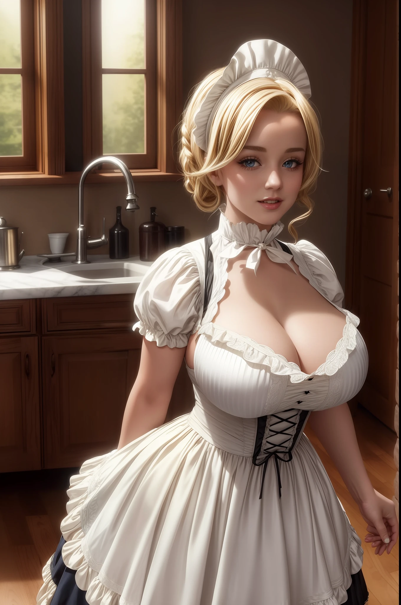 cute blond german maid full body photography,  photorealistic modern, in the style of ,  Artstation Deviant art Pinterest Cgsociety Behance Pixiv,  sunlight, ((victorian maid outfit)), very huge boobs, cleavage, thick tighs, kitchen background, young face, smooth and pale skin, (marylin monroe haircut), blue eyes,  intricate scenery HDR post-processing 4k cinematic fine details very detailed trending on artstation