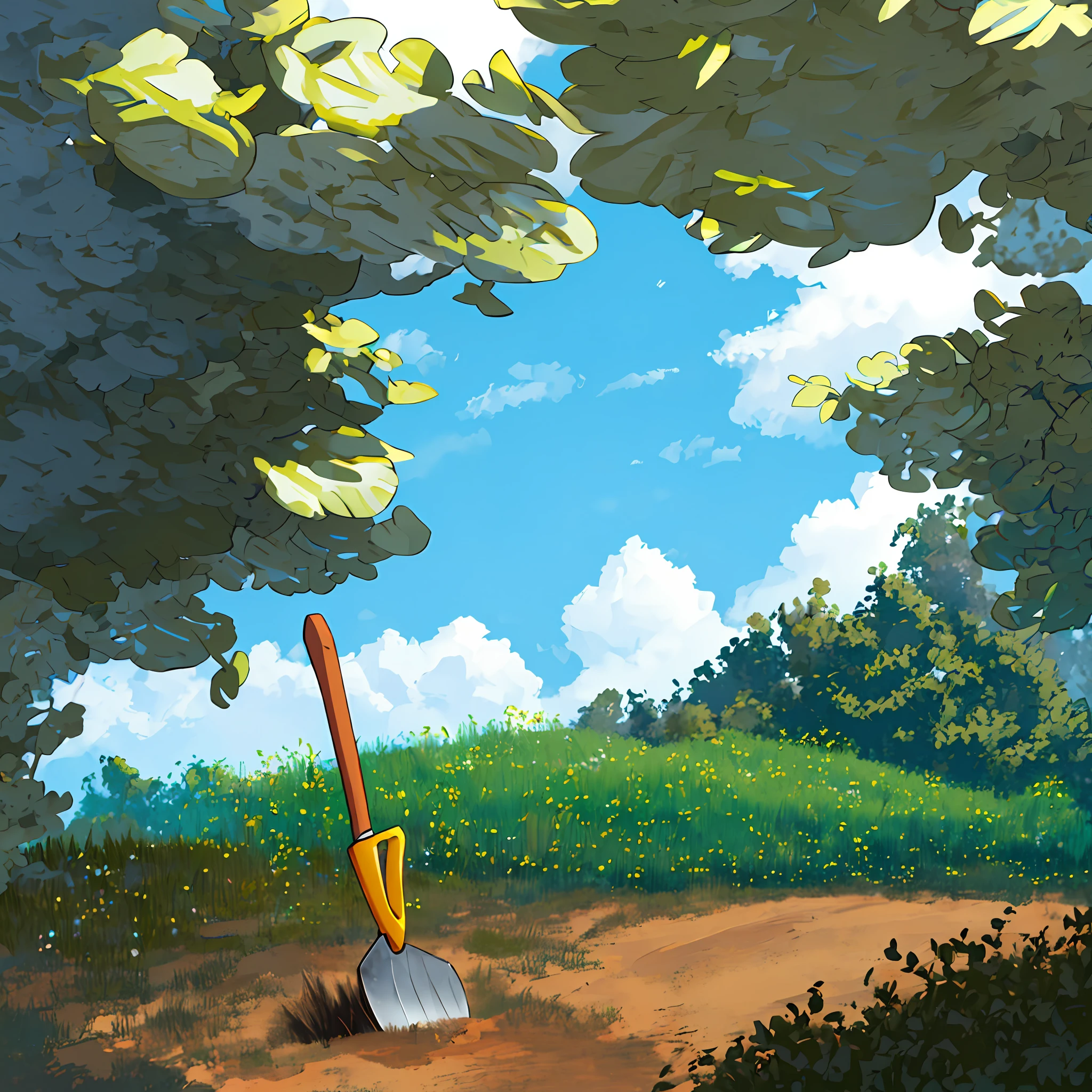 Image of a verdant and tranquil field with a wooden shovel set in the ground. The shovel is positioned as if it were being used to dig, giving the feeling of search and exploration. Blue skies and white clouds frame the scene, transmitindo serenidade.