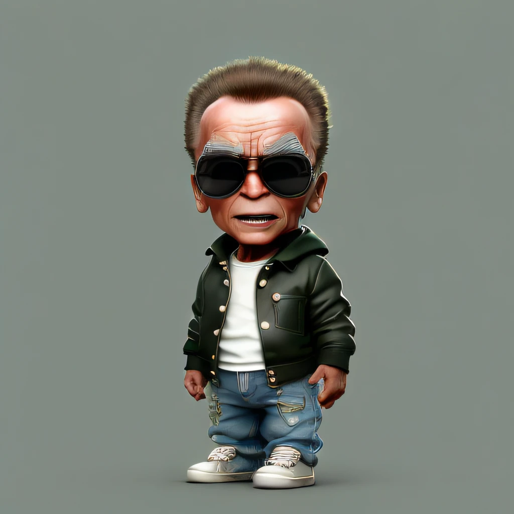 cbzbb, Arnold Schwarzenegger, exterminador do futuro, motocicleta preta, personagem, fofo, roupa de couro preta, sorriso, pequeno, bonito, Digital Art, Detailed, Cute, Realistic, Humanoid, Character, tiny, Cinematic Sho, Cinematic Lights, Arnold Schwarzenegger, exterminador do futuro, Looks happy