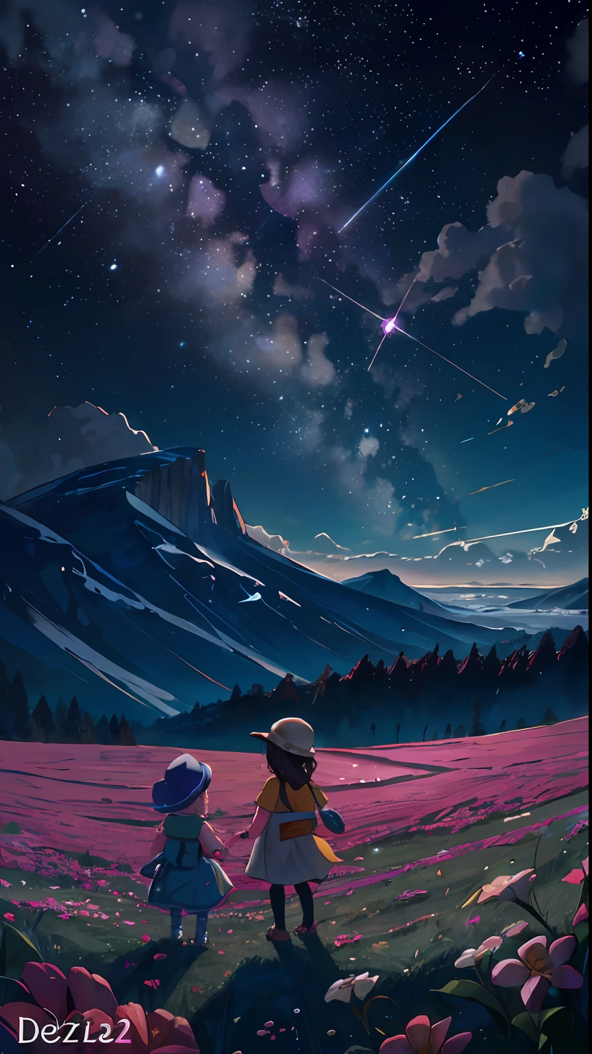 Vasta foto de paisagem noturna estilo cartoon, (vista de baixo, The sky is above and the open field is below), Children standing in a field of flowers looking up, (estrelas: 1), (lua cheia: 1.2), (meteoro: 0.9), (nebulosa: 1.3), montanhas distantes, Árvores BREAK Crafting Art, (Luz Quente: 1.2), (Vagalumes: 1.2), Luzes, Muito Roxo e Laranja, Detalhes Intrincados, volumeric lighting, Realismo BREAK (Obra-prima: 1.2), (melhor qualidade), 4k, ultra-detalhado, (dynamic compositing: 1.4), detalhes muito detalhados e coloridos, (rainbow colors: 1.2), (bright illumination, Atmospheric Illumination), sonhador, magica, (solo: 1.2)