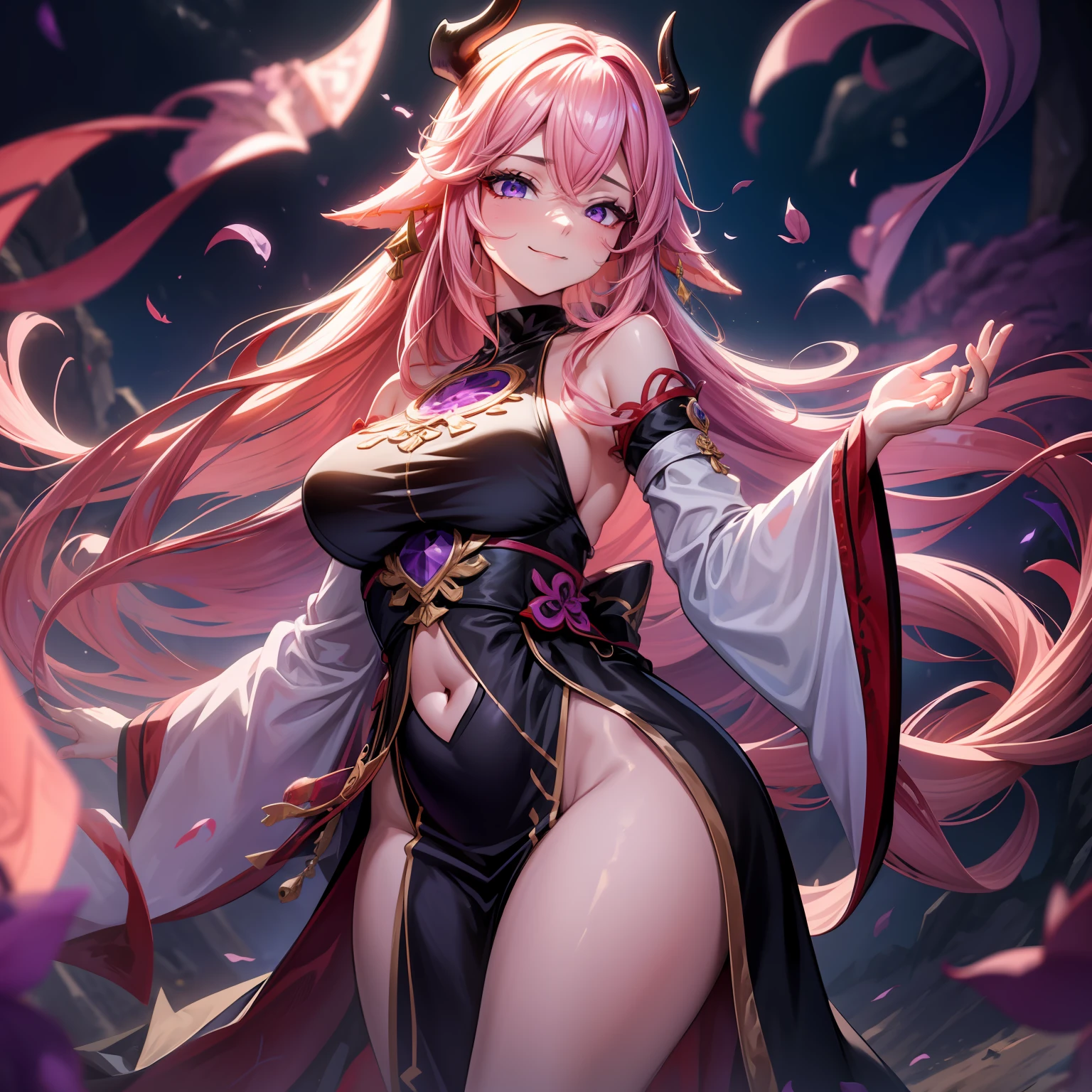 A female milf demon with black demon horn, vestido transparente molhando, belly belly button visible, belly visible, ((demon horn)), cabelo de rapunzel cor-de-rosa extremamente longo, ((Cabelo de rapunzel cor-de-rosa)), with purple mist with purple energy particles and floor with red liquid, raposas, thunders, magia de raios, corpo volumoso com seios e busto enormes, ((seio e busto enormes)), olhar perverso e vazio sem brilho nos olhos olhando para o espectador com um sorriso perverso e malicioso, proeminentemente em suas pernas e seios;, destaque nos seios e nas pernas, Pose sexy, Pose sexualizada ;, Moda realista, sysie high definition details, fotografia, perspicacity, unique 850 4, Koda850 k portrait camera, Primavera F1.6, cores ricas, Textura super realista, textura de luz espetacular, arte surreal, Cinestil 800 mecanismo de moda.