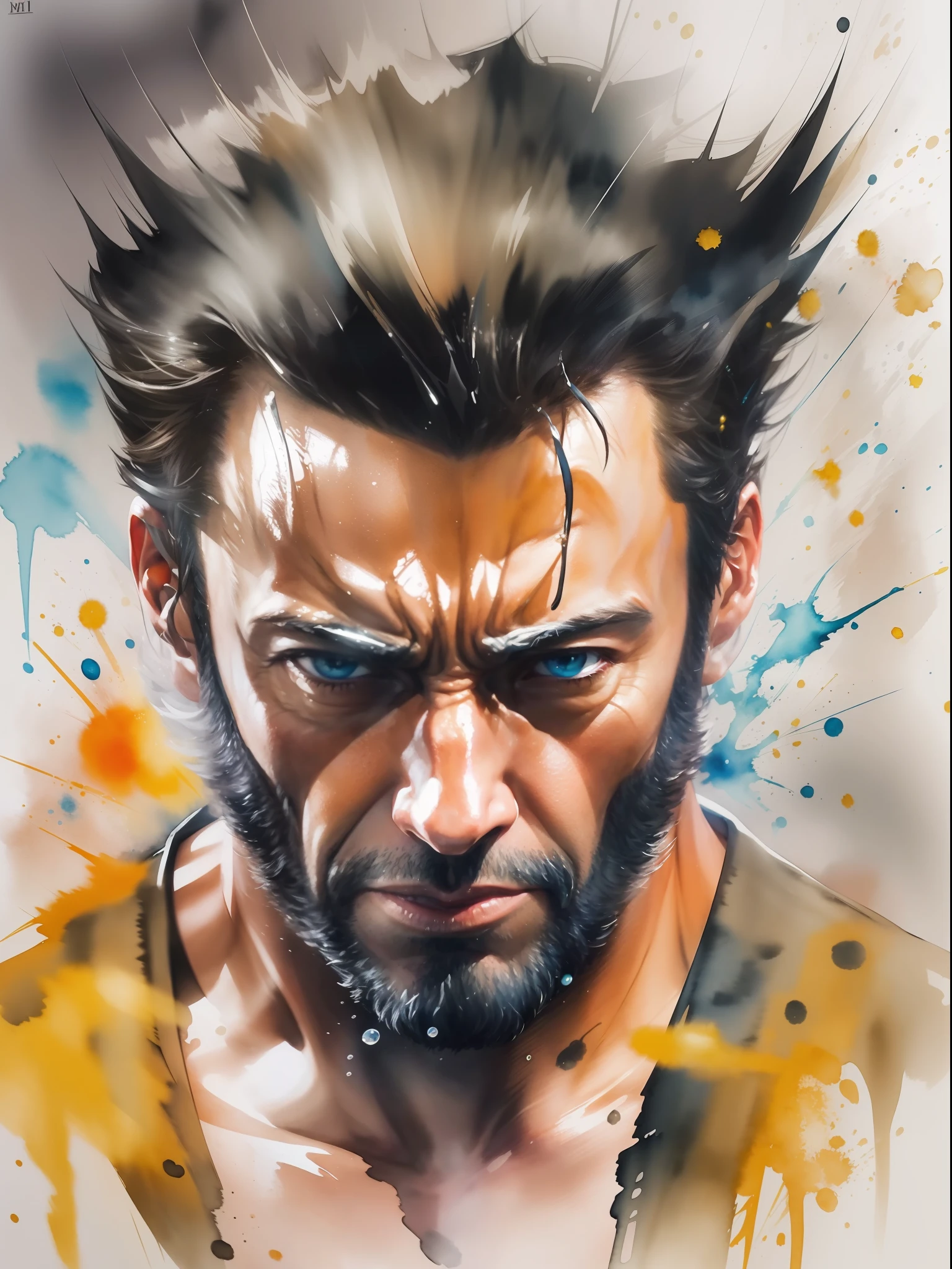 In this captivating watercolor art, Hugh Jackman's Wolverine X-man, charisma bursts forth in splashes of color. The dynamic watercolors capture his versatile talent and striking presence, creating an exquisite portrait