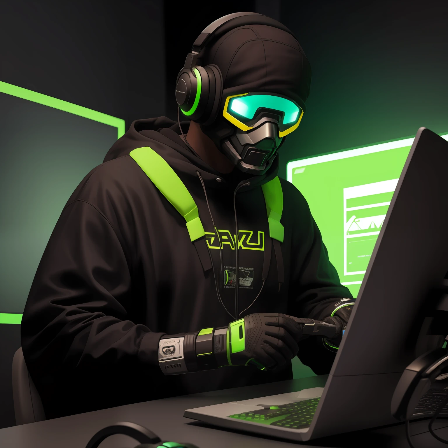 A man with a cybernetic duck mask, capuz preto, moletom, usando headset, olhos verdes, jogando, computador,sentado, fundo gamer,
