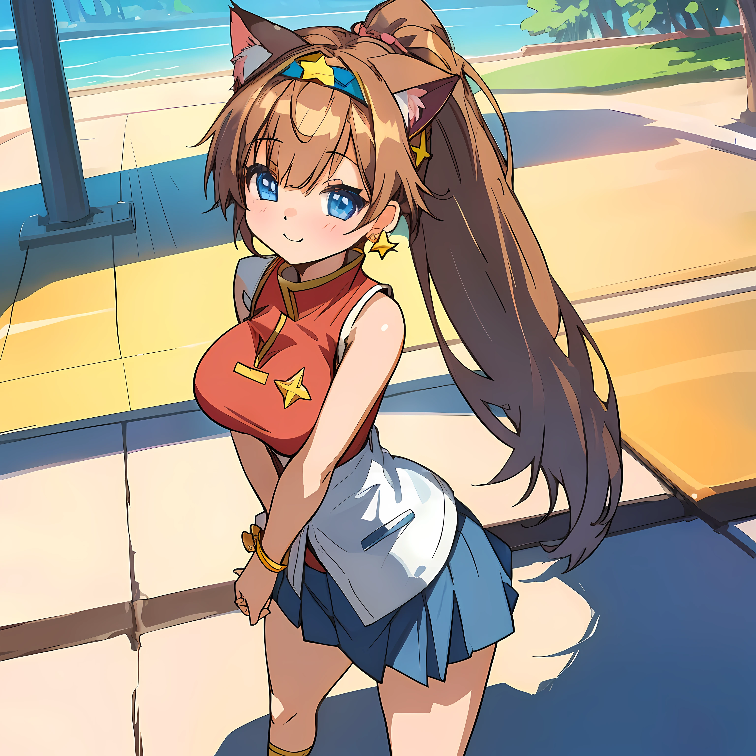 (Highly detailed CG Unity 8k wallpaper), (Best Quality), (Super Detail), (Best Illustration), (Best Shadow), POV, Realistic lighting and shading, Natural light, Lens flare effect, BREAK, 1 beautiful girl, Solo,(Cute:1.5),(Chibi:0.8), (kawaii:1.5),(Lori:0.5), BREAK, ( (17 years old girl), Very detailed, colourfull, highest details, BREAK, (Huge breasts: 1. 2,), Clear skin, Beautiful skin, Shy skin, 1 beautiful girl, Brown hair, (Cat ears, Ponytail, medium-Long hair: 1. 2), (Light blue eyes, long eyelashes, Double eyelids: 1. 2), Solo, gleaming skin, BREAK,(skirt by the,a miniskirt,Panchira:1.2), (sleeveless, sleeveless shirts, Red shirt:1.2), (star-shaped earring:1.1), (Lace headband:1.0), (Cute Accessories:1.3), (a smile,happiness:1.1), (is standing,Slouched:1.3), (Angle from the front:1.1), BREAK, ,