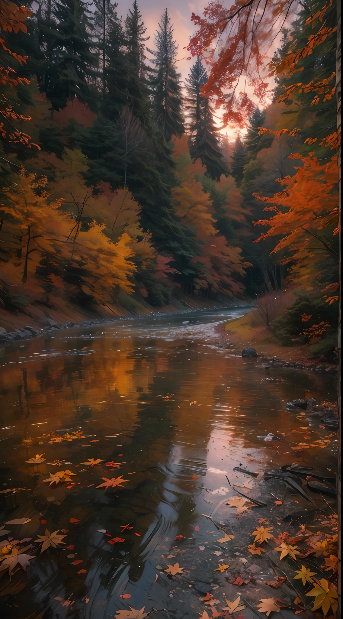 Maple Forest, Maple Leaves Falling, Sunset, River, Masterpiece, Super Detailed, Light and Dark Against Canon Photography