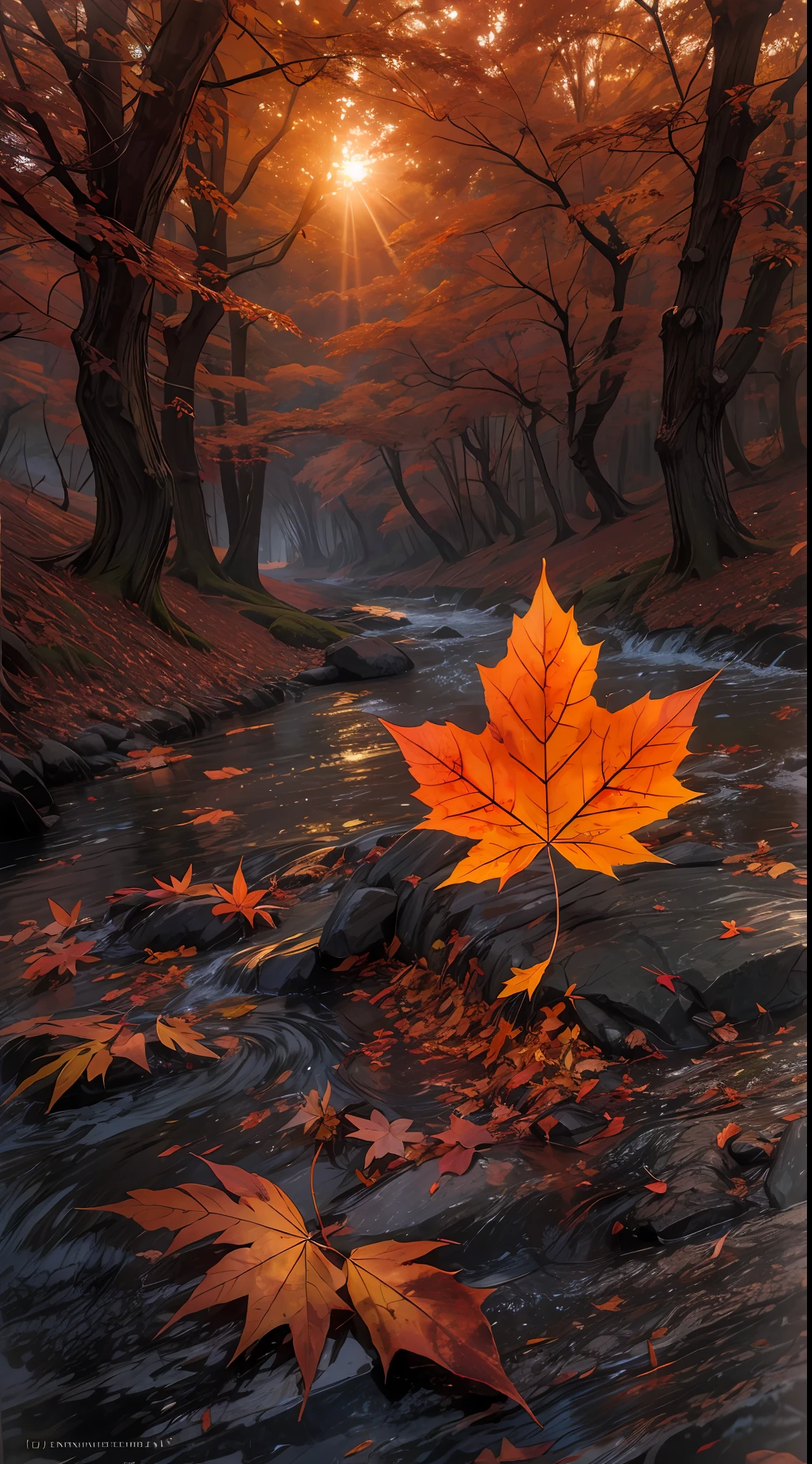 Maple Forest, Maple Leaves Falling, Sunset, River, Masterpiece, Super Detailed, Light and Dark Against Canon Photography
