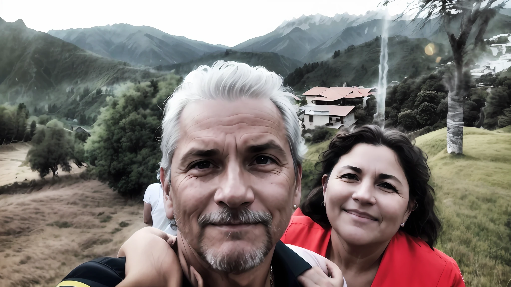 there is a man and woman taking a selfie together, profile image, selfie photo, with mountains in the background, 8k selfie photograph, with mountains in background, momma and papa, selfie, selfie!!!!!, with village, hills in the background, iphone selfie, by Nándor Katona, with radiating hill, selfie!!!!! of a man, karla ortiz
