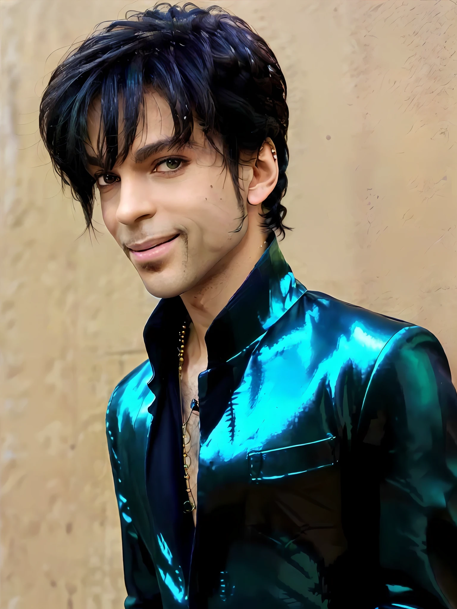 {{{Full body portrait}}} of 1982 singer PRINCE man standing, (Detailed Face), (perfect eyes:1.1 (RAW photo:1.2),(photorealistic:1.4),(masterpiece:1.3),(best quality:1.4),ultra high res, HDR,8k resolution, dreamlike, check commentary,commentary request,scenery,((no text)), solo focus, (detailed eyes),(detailed facial features), (detailed clothes features), skin tight, (shiny skin),(slender),(slim),(beautiful face), 1boy, VirtualGirl-Ren, young, bangs,black hair,  Green eyes,ear studs, purple loose shirt, smile, bashfully,cute, look straight into the camera,