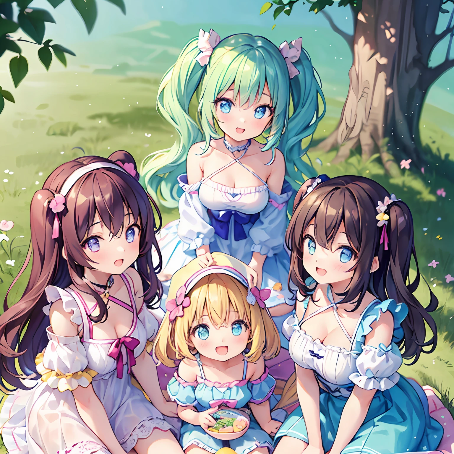 masterpiece, (2girls and 2girls and 2girls and 2girls at picnic), idol, big eyes, kawaiitech, kawaii, cute, pastel colors, best quality, happy, deep background, symmetrical, tilted head, summer