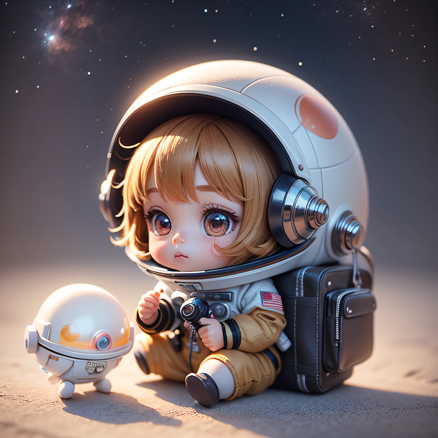 Toy with a little doll with a helmet, cute 3d render, cute detailed digital art, female explorer mini cute girl, cute digital painting, stylized 3d render, cute digital art, cute render 3d anime girl , the little astronaut looks up, cute! c4d, portrait anime space cadet girl, sitting on a white pedestal