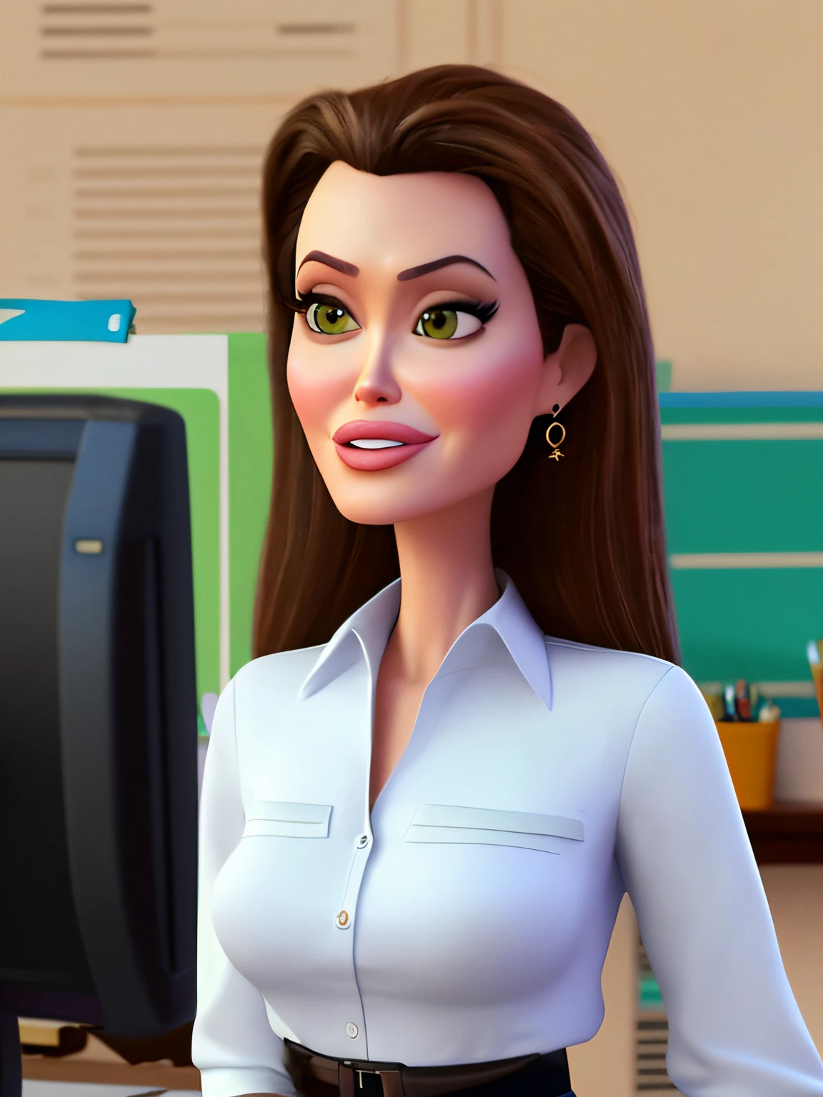 pixarstyle a waist-high portrait of Angelina Jolie in an office shirt, sorriso, s office, textura natural da pele, texturas 4k, hdr, intrincado, altamente detalhado, foco nítido, cinematic visual, hiperdetalhado
