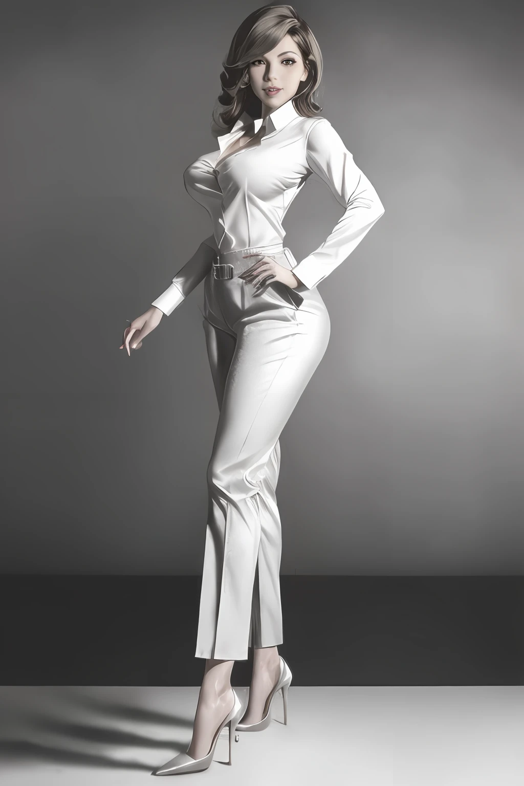 1girl, solo girl, Mine Fujiko, Blouse, Pants, (masterpiece:1.3), (best_quality:1.3), (ultra_detailed:1.3), 8k, extremely_clear, realism, (ultrarealistic:1.3), , Medium_breasts, narrow_waist, Narrow_hips, (High_heels:1.3),, seductive_smile,