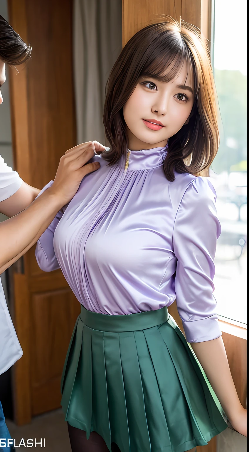 Beautiful college girl is touching the crotch of the man next to her (shiny satin lavender color high neck dress, high neck, satin moss green box pleated skirt, tights, black shiny boots), best quality, high resolution, 8k, 1girl, (huge breasts :1.0), (bangs, short hair), (shiny skin, look at the viewer, Seductive expression) (upper body: 2.1)) soft lighting, wind, sun, bright, indoors, hairy man is being touched in the crotch by a beautiful college girl next to him (excited expression, grabbing the chest of a beautiful college girl with his hands)