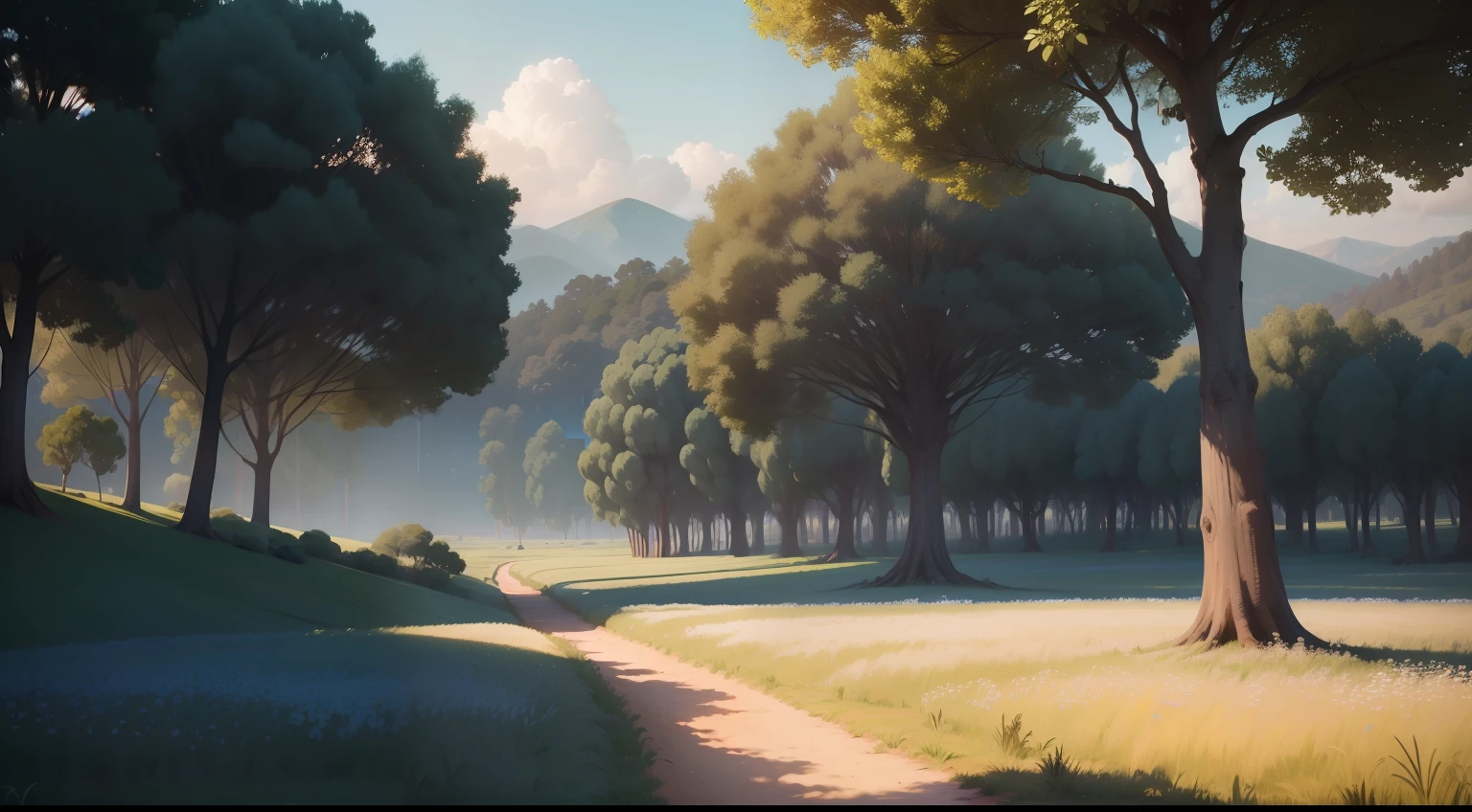 Um Jovem carregando um fardo plano, caminhando no caminho sinuoso do campo, grandes nuvens, blue skies, campos de arroz, mudas de arroz puro no campo, floresta, encosta, isolado, campo, detalhe HD, hiper-detalhe, cinemactic, surrealismo, luz suave, foco de campo profundo bokeh, ray tracing e surrealismo. --v6