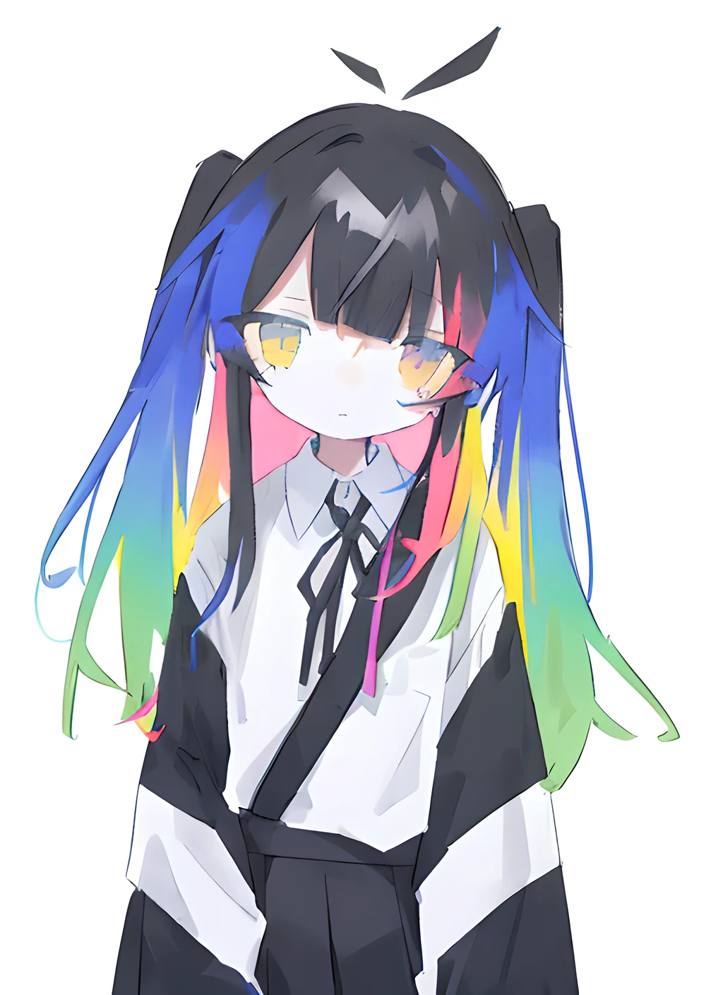 a girl with multicoloured black and rainbow ombre hair standing with her hands beside her, high res, windy, blank expression, waiting