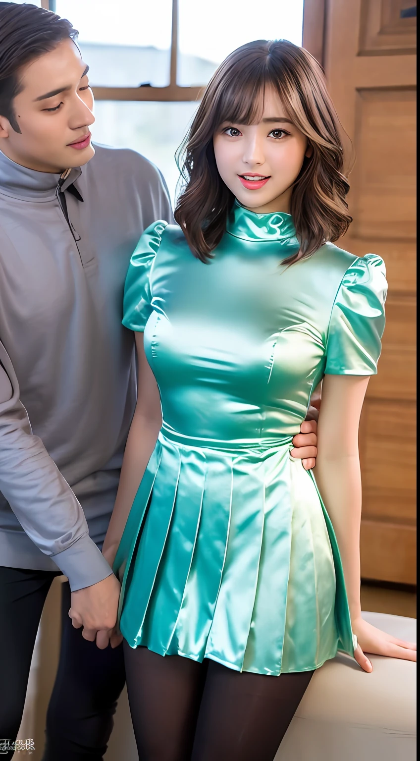 Beautiful college girl is touching the crotch of the man next to her (shiny satin lavender color high neck dress, high neck, satin moss green box pleated skirt, tights, black shiny boots), best quality, high resolution, 8k, 1girl, (huge breasts :1.0), (bangs, short hair), (shiny skin, look at the viewer, Seductive expression) (upper body: 2.1)) soft lighting, wind, sun, bright, indoors, hairy man is being touched in the crotch by a beautiful college girl next to him (excited expression, grabbing the chest of a beautiful college girl with his hands)