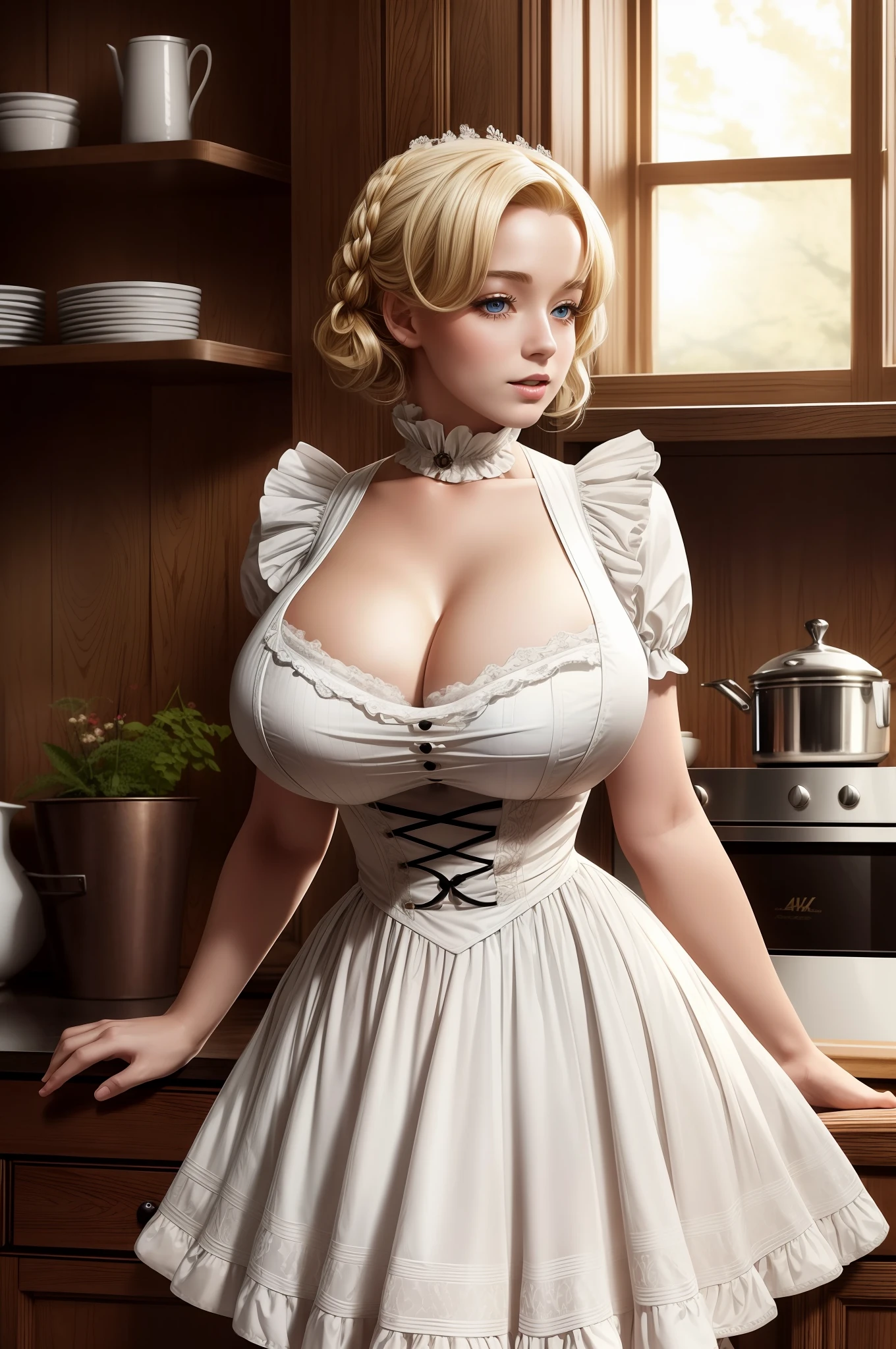 cute blond german maid full body photography,  photorealistic modern, in the style of ,  Artstation Deviant art Pinterest Cgsociety Behance Pixiv,  sunlight, ((victorian maid outfit)), very huge boobs, cleavage, thick tighs, kitchen background, young face, smooth and pale skin, (marylin monroe haircut), blue eyes,  intricate scenery HDR post-processing 4k cinematic fine details very detailed trending on artstation