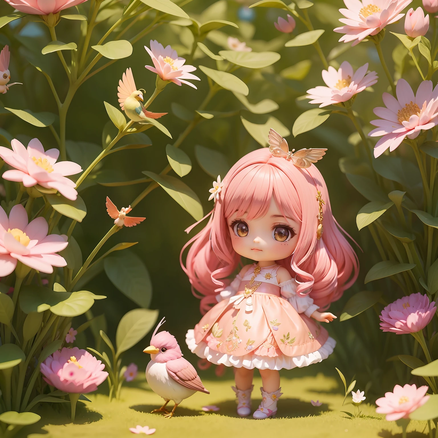 Mini bird girl in enchanted garden with various magical flowers, vestido rosa com gliter colorido, chibi de alta qualidade. chibi, chibi bird