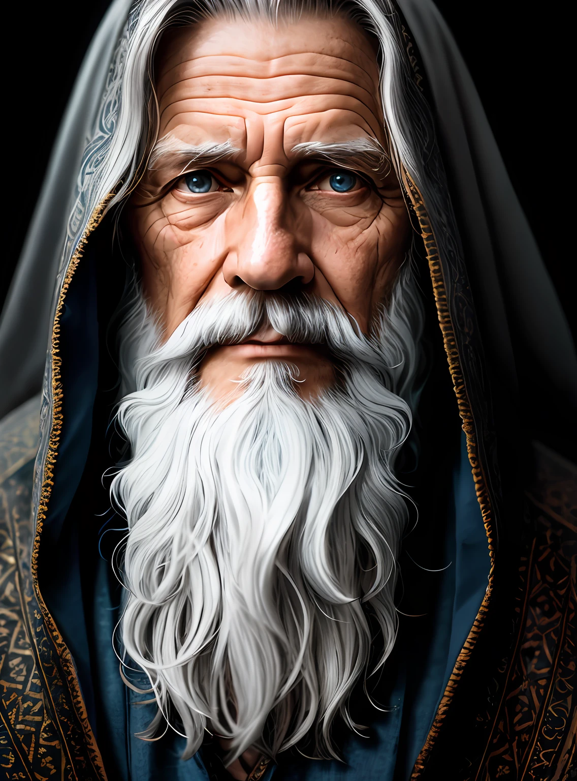 A portrait of a wizard, bearded, wrinkled, weathered, with piercing eyes, detailed face, high details, photography, dark studio, rim light, Nikon D850, 50mm, f/1.4