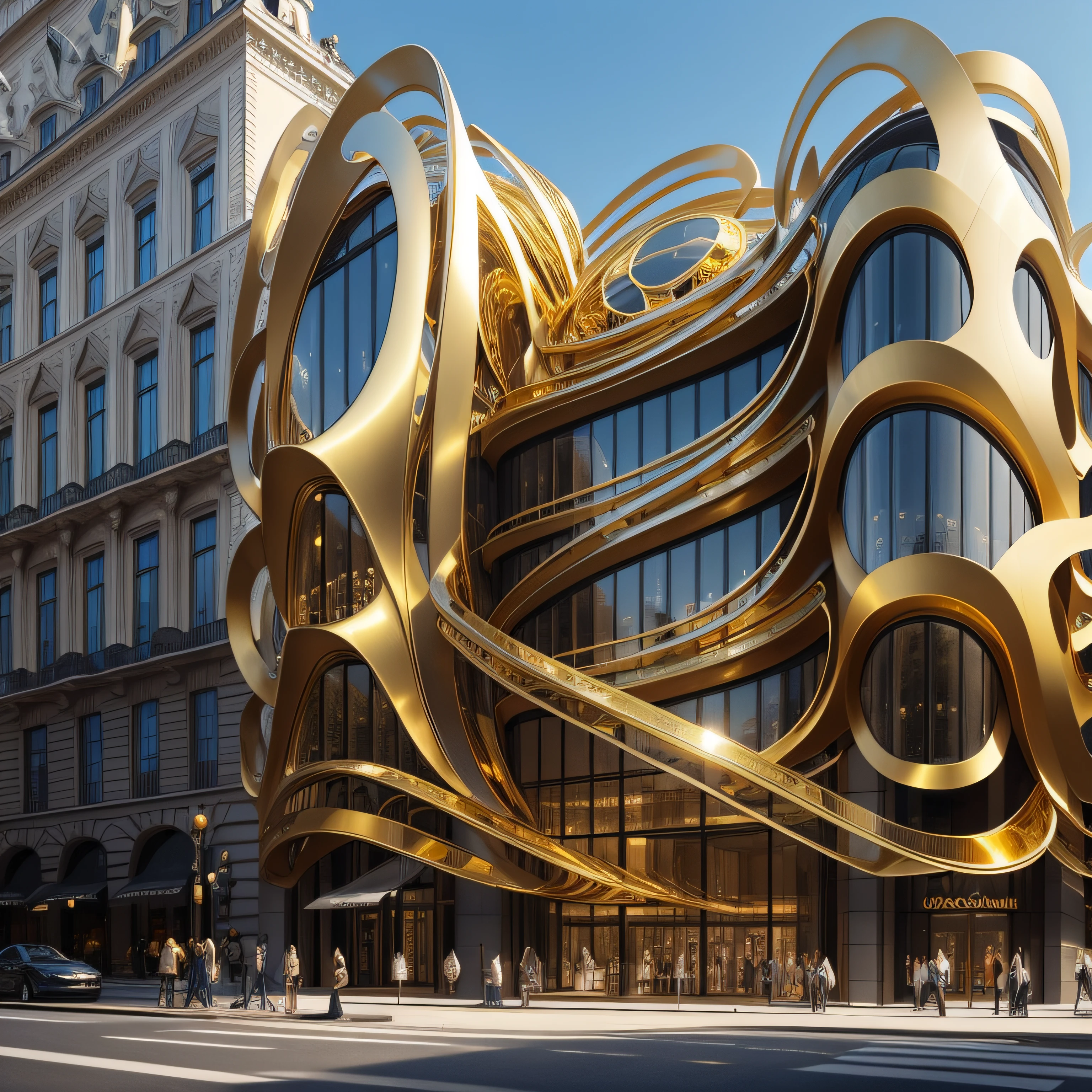 a city, golden organic structures, golden curve structure, swirled architecture, metallic architecture, architecture digest, parametric architecture, award winning architecture, austrian architecture, gold and luxury materials, splendid haussmann architecture, luxury architecture, elegant gold body, golden shapes, architecture award winner, award winning shopfront design