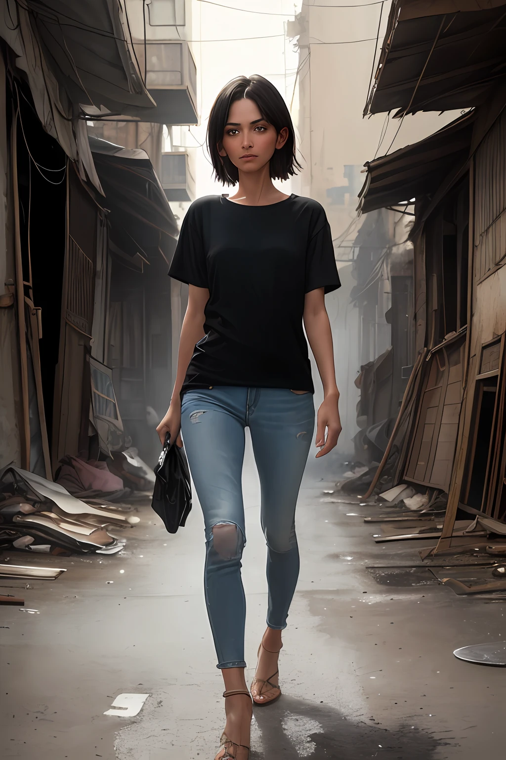 1girl, (in black basic tee-shirt:1.2), tan skin, round neck plain full body length Teeshirt:1.1), tight skinny jeans, perfect legs, black silky hair's, Italian beauty, Italian beautiful women(ultra detailed face and eyes:1.1), (album art:1.1), slum cyberpunk, frown, (slum old garage:1.1), (artpunk:1.0), unique pose, (trigun:1.1), (masterpiece:1.1), best quality, run-down, ultra high detail, (by antoine blanchard and casey baugh:1.1), (by zdzislaw beksinski:0.8), extremely intricate, extreme detail, raytracing, reflections, beautiful lighting, harsh lighting, watercolor, High Saturation Clarity Contrast, deep levels, sharp, retouched, color graded, soft lighting
