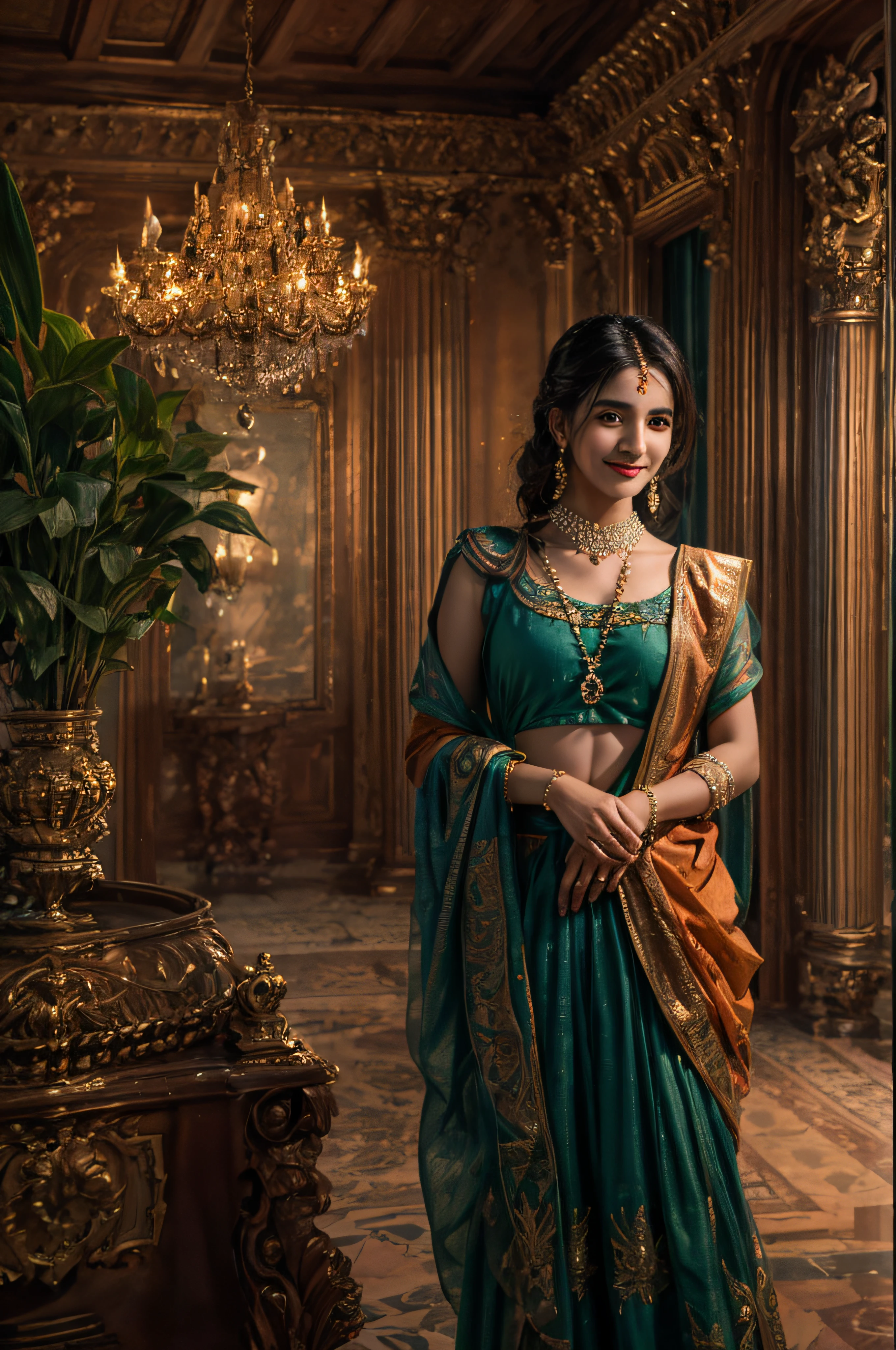 Masterpiece, highest quality, 8k, hdr, (head to toe:1.4), RAW digital establishing shot of a young Maharashtrian woman standing proudly, full-bodied, entrancing body and face, smiling shyly at viewer, expensive classical clothes, hair adornments, discrete jewelry, billiard room, intricate details, at dusk, lighting from interior fixtures and sunset coming from outside the frame, realistic lighting, dynamic colors from lighting, hyperrealistic