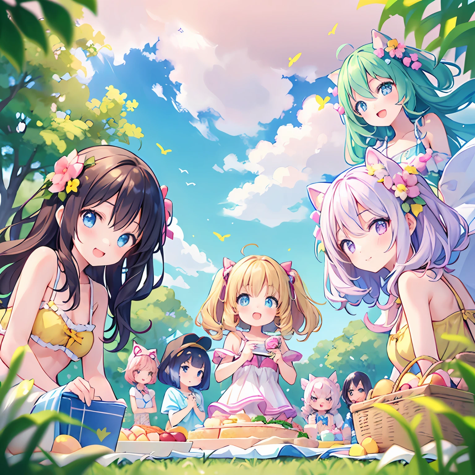 masterpiece, (2girls and 2girls and 2girls and 2girls at picnic), idol, big eyes, kawaiitech, kawaii, cute, pastel colors, best quality, happy, deep background, symmetrical, tilted head, summer