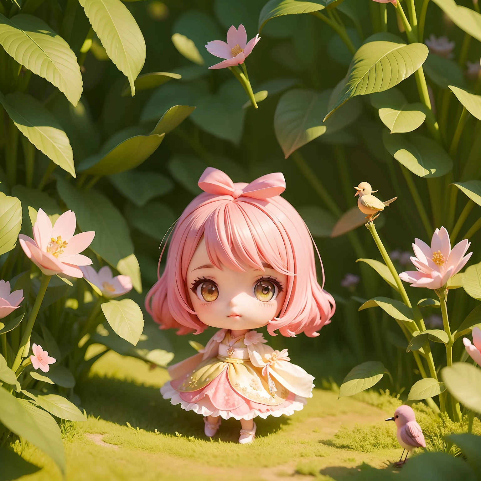 Mini bird girl in enchanted garden with various magical flowers, vestido rosa com gliter colorido, chibi de alta qualidade. Menina chibi, chibi bird