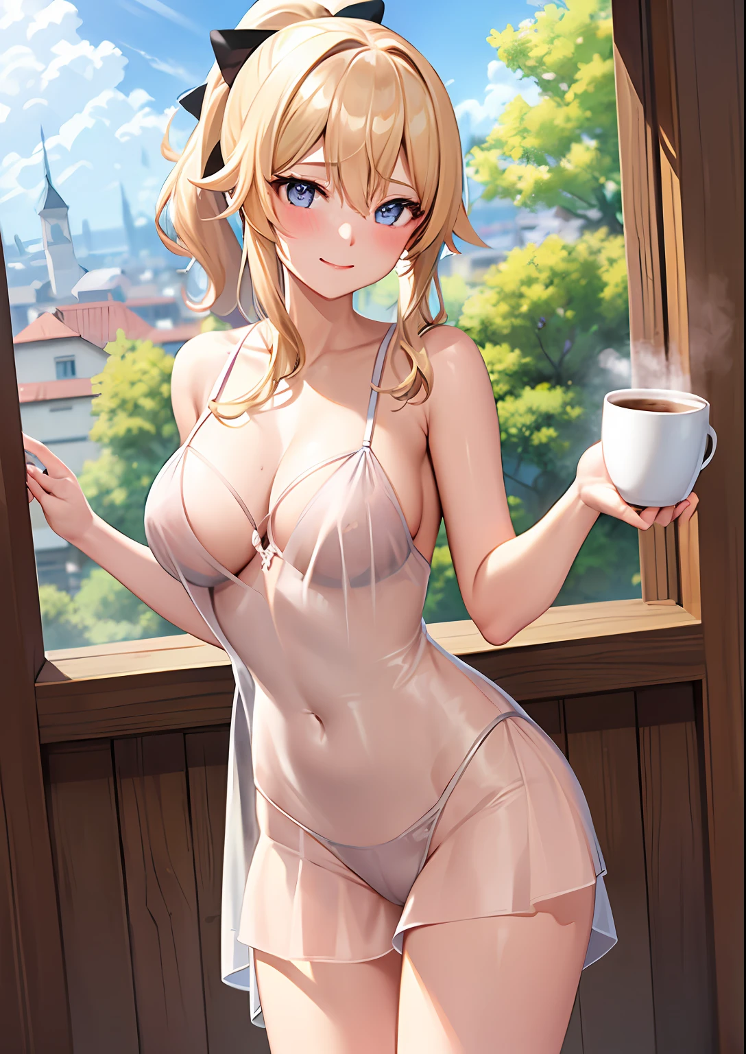 (Naked: 1.4), (See-Through Lingerie: 1.3), (Blushing:1.4),(No Bra, No Panty, completely naked), Smile, Cowboy Shot, ((A coffee Cup)), Full Body, Underwear