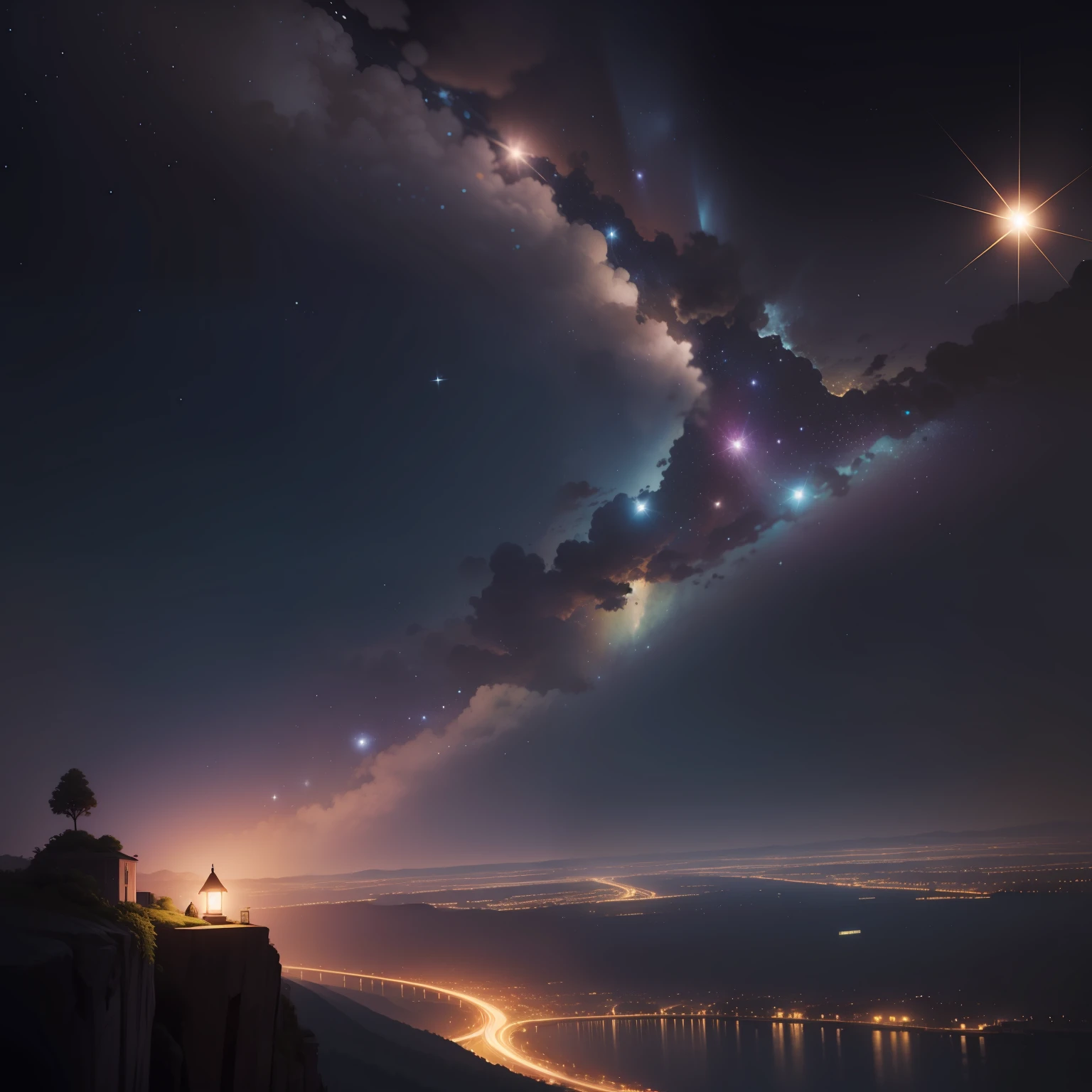 Paisagem noturna sobre uma pequena cidade. The little stars glowed in the dark sky. Imagem em estilo desenho amimado, livro infantil de 2 a 6 anos. Imagem feliz. Estrelas grandes. Infantil
