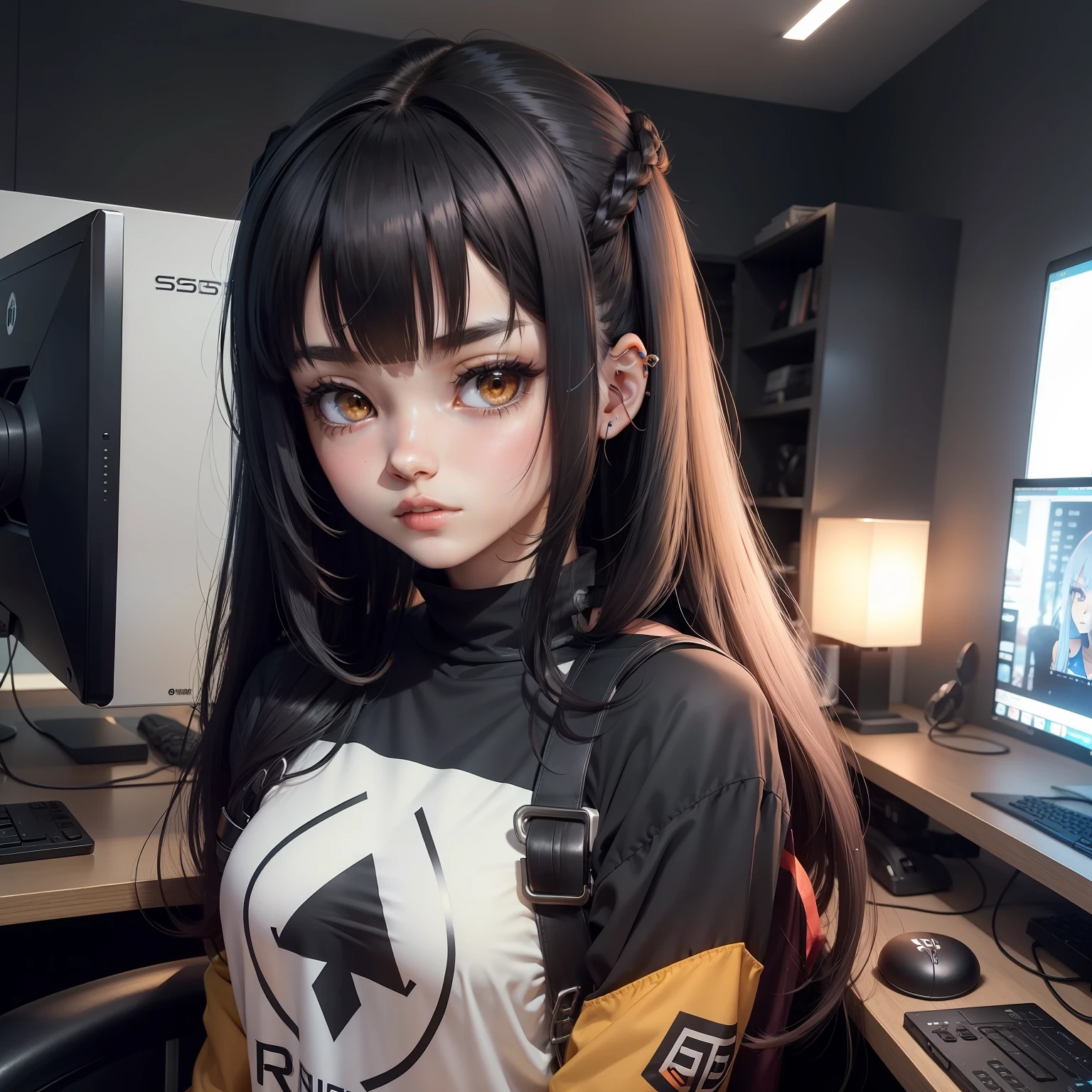 anime, anime, gamer, meninao curto com franja, cabelo castanho, cabelo curto, dark, pincer na sonbrancelha, olhos escuro, cabelo curto, franja