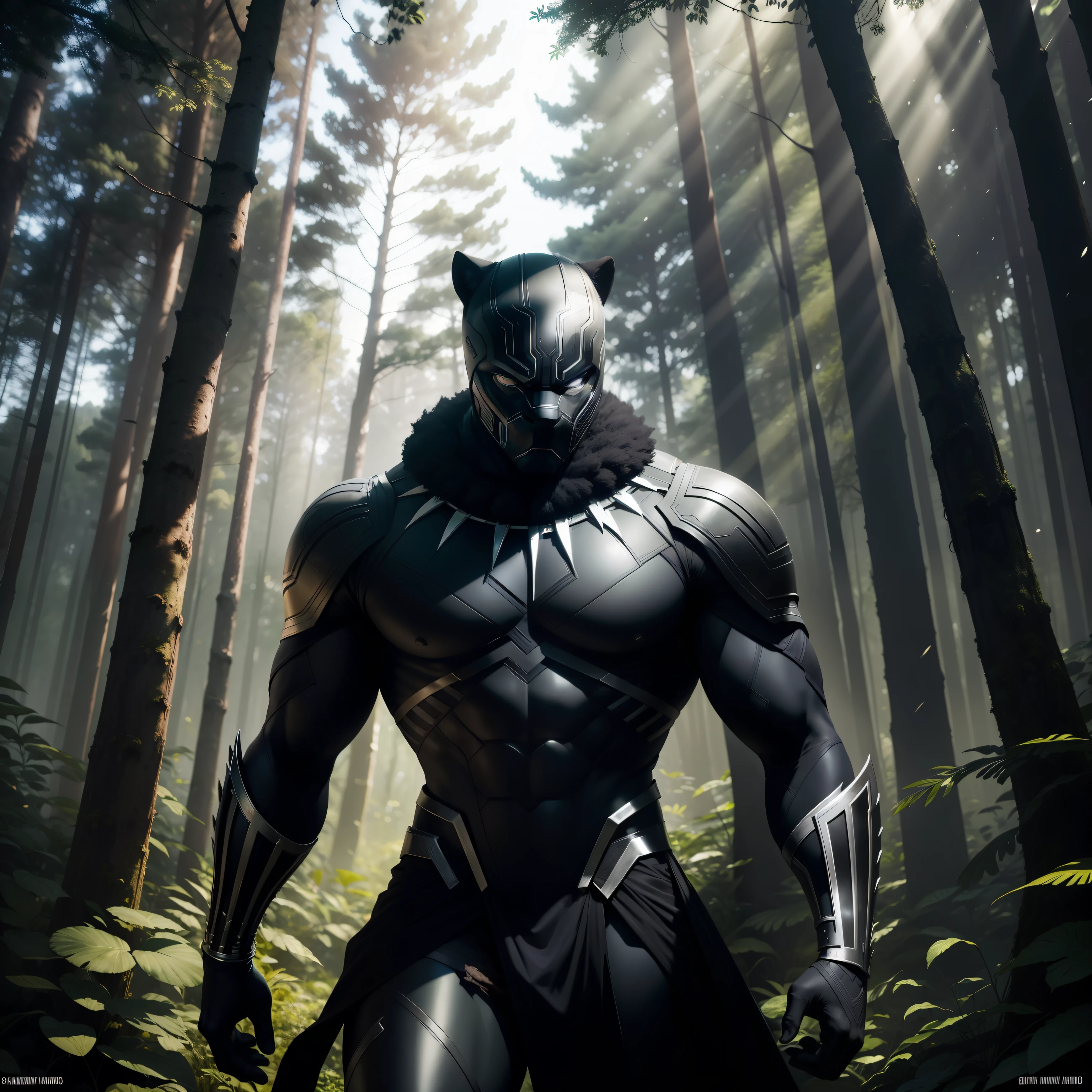 The Black Panther is standing in a forest, olhando para o horizonte. He's wearing his traditional armor, a horned mask. Ele tem um olhar determinado em seu rosto, and is ready to face any challenge that comes your way. The background of the image is a dense forest, with tall trees and green leaves. There is a sunlight shining through the trees, criando um efeito de luz e sombra. The image is in shades of green, preto e branco, creating a sense of mystery and suspense. The Black Panther is a powerful and imposing character, and this image captures his strength and determination. It's an image that is sure to inspire fans of the character. in high definition