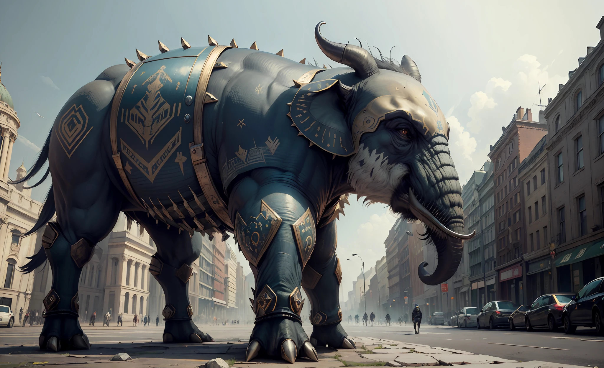 "crypto((breathtaking masterpiece)), Amazing image quality, efeito ultra realista, elefante gigante, tatuado, armadura, caminhando pelas ruas de Londres, imagem 8k"