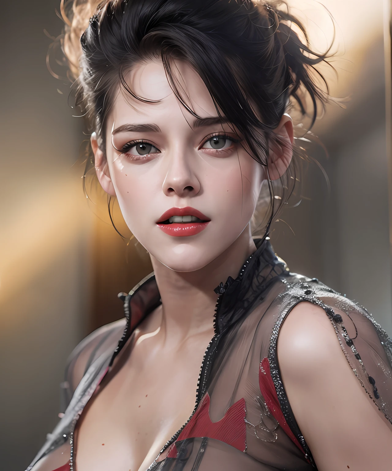 Kristen Stewart, Model 25 years, [[[[half body]]]], [[[[big chest   ]]]], [[[[neck]]]], [[[[Abdomen details ]]]], black short hair, Detailed gray eyes, Perfect iris, Light makeup around the eyes, Perfect red lips , perfect teeth, Perfect smooth skin , Perfect thighs , Soft front light, glow, hdr, (bright colors:1.2) ,nsfw