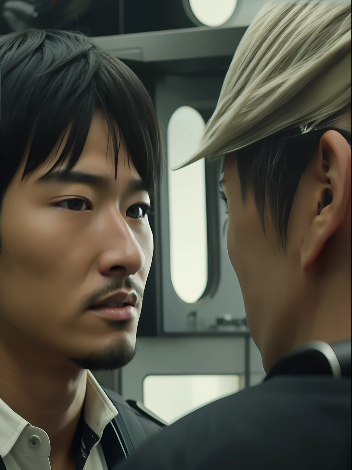 A realistic depiction in the style of Naoya Kuroshima,Best quality perfect fix,Naoya Chijima plays a charming hairdresser,Medium build,In a devastated futuristic world near a Crashed Japanese train,He found himself struggling to survive in extreme conditions,Look for water or communication。