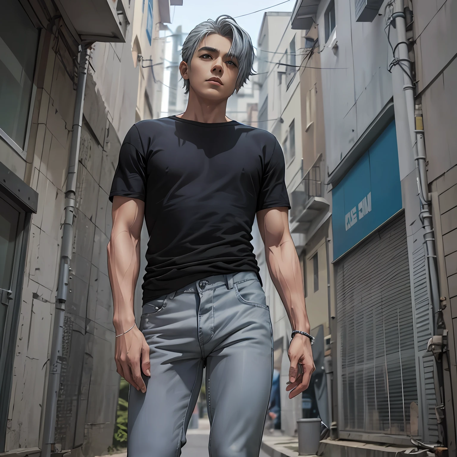 hombre de pie, 16 years of silver-gray hair , ( lo vemos de lado ) Blue colo pants Face of 16 years cute athletic body wears black shirt tight to the body and blue pants , su cabello es de color gris plateado