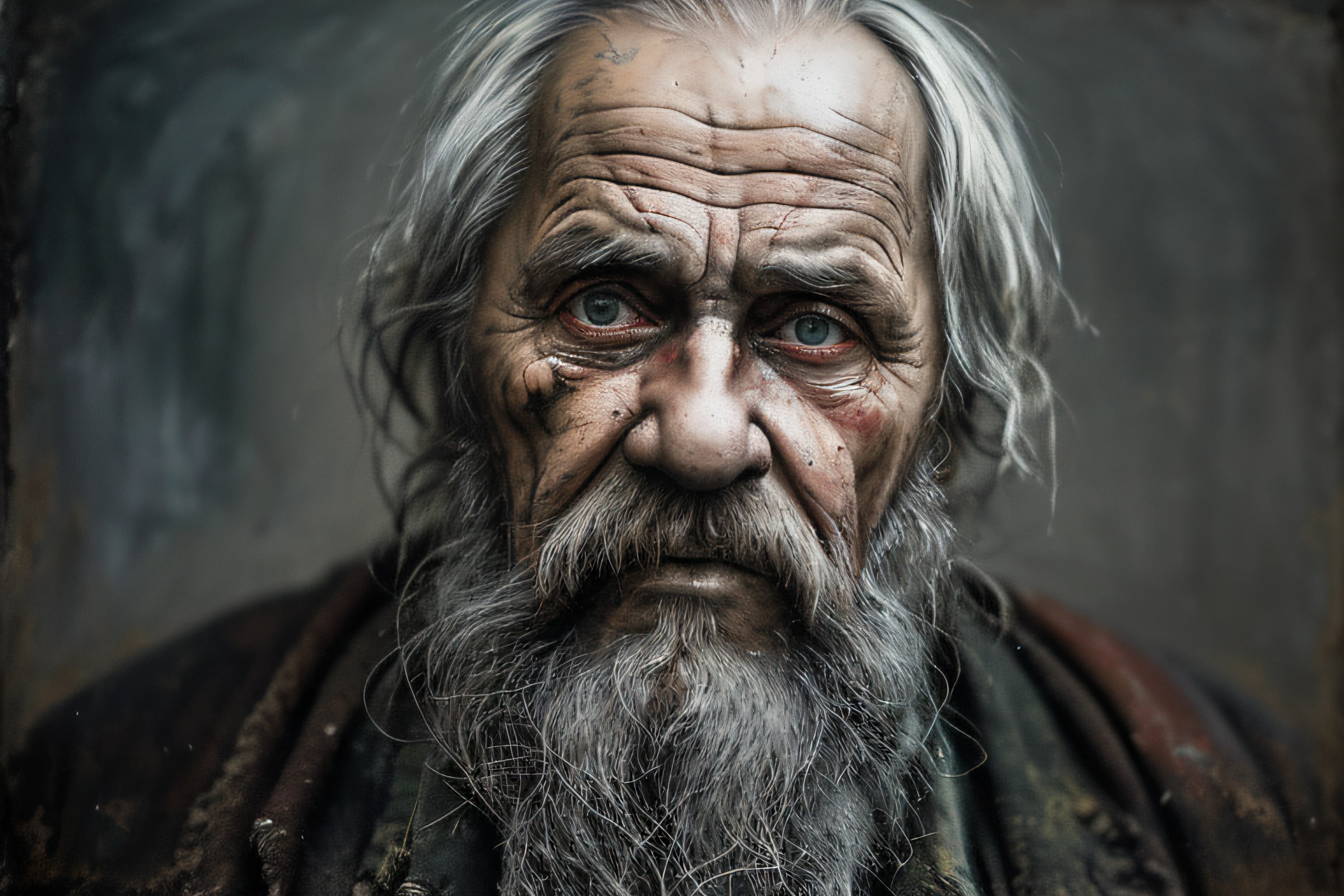 A portrait of poor russian 1800 old worker in rags, ((overwhelming fatigue )), wrinkles of age, concept art, oil pastel painting , moody gray colors , gritty, messy stylestyle of Alexey Savrasov, Ivan Shishkin, Ilya Repin, (cel shaded:1.2), 2d, (oil painting:1.2) highly detailed
