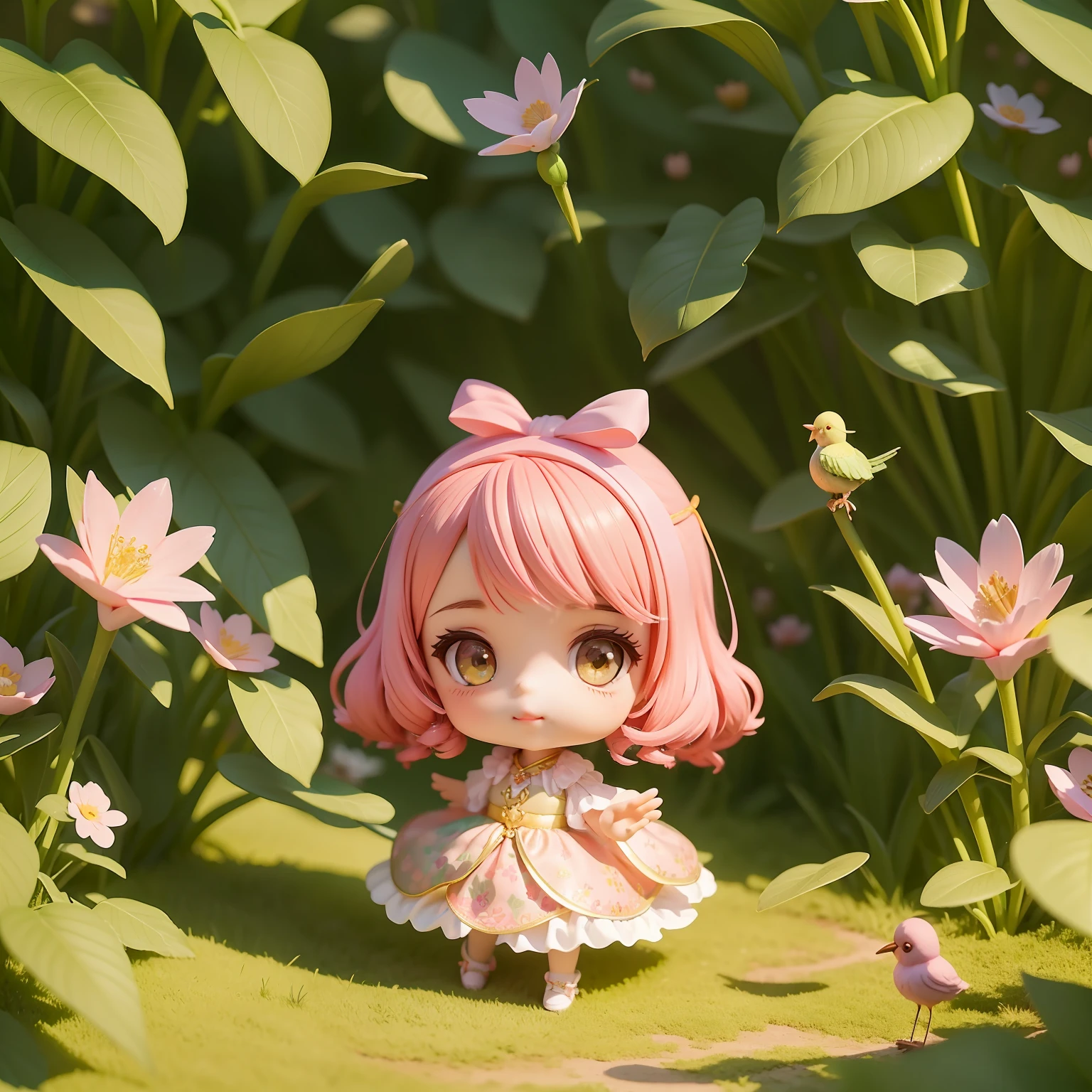Mini bird girl in enchanted garden with various magical flowers, vestido rosa com gliter colorido, chibi de alta qualidade. menina chibi, chibi bird, mini calopsita chibi, menina pintando tela da calopsita, menina sorrindo, Girl with bird wings, menina com cabelo grande, menina chibi kawaii