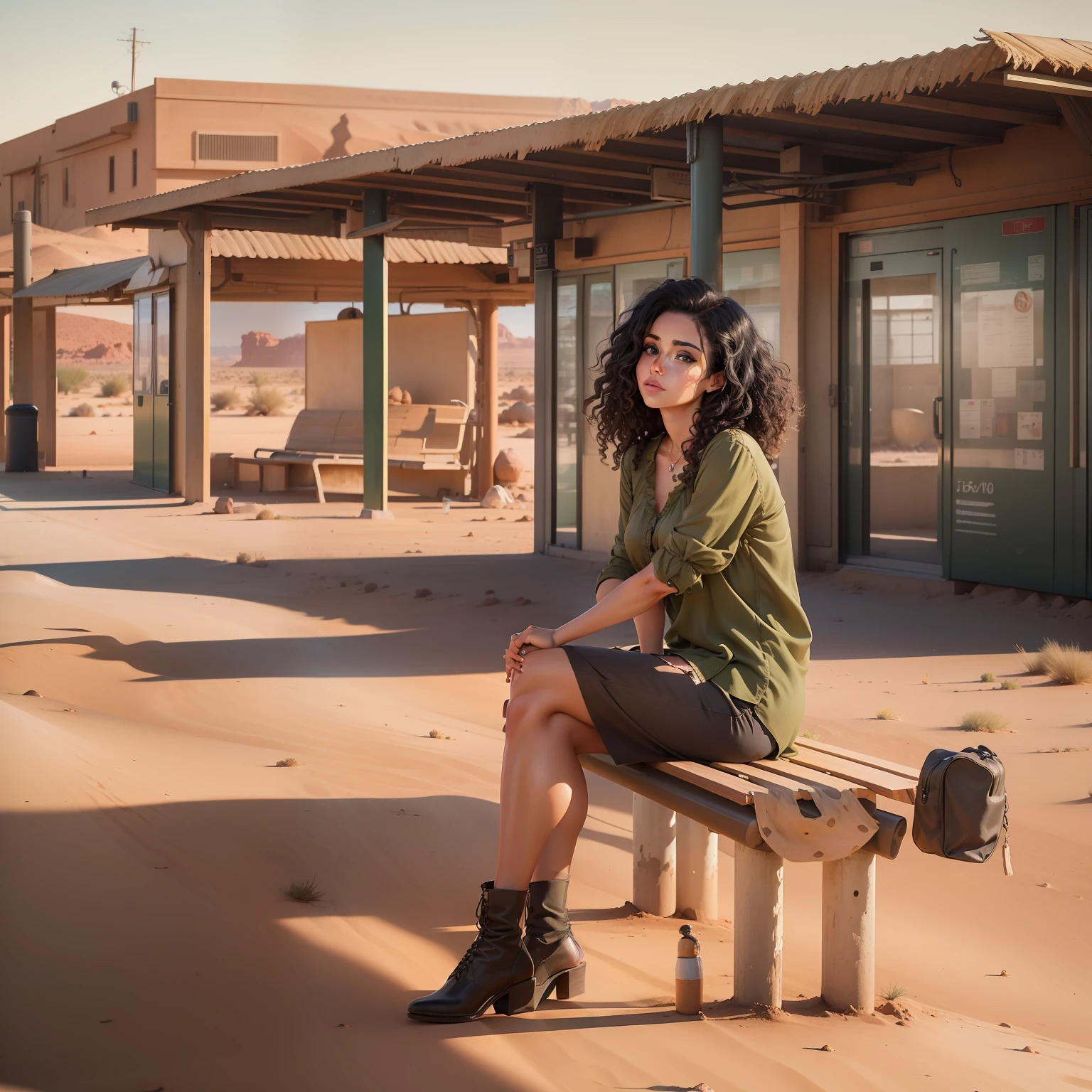 realistic image of a beautiful 25-year-old woman, black curly hair, dressed in an olive green blouse, sitting on a bench in an empty bus station located in the middle of the desert, humble houses in the background, brown tone of the desert, morning light