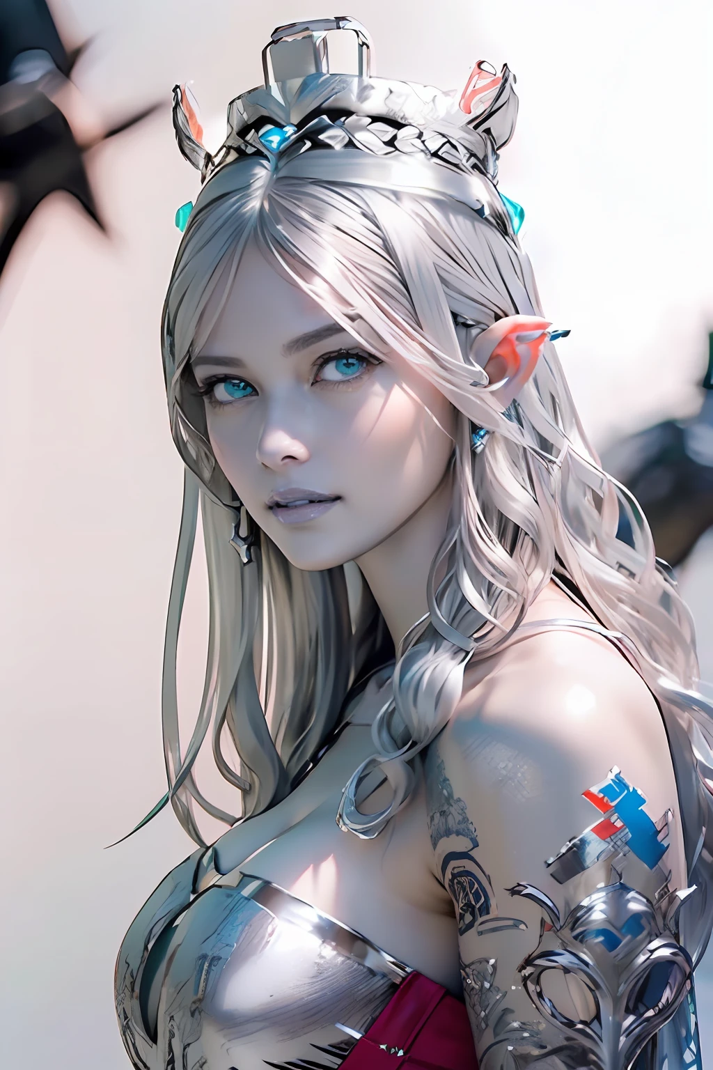 Ultra-detailed complex 3D rendering of the face, (masterpiece, top quality, octane rendering,), glamour shots full body image, very beautiful young elves, cleavage, (highly detailed skin: 1.2), (exposure: 1.1), ((blue micro bikini: 1.95)))). , 8k, (((very soft breasts)), (((conspicuous large pink areola)), beautiful Caucasian woman with white skin with full soft breasts with big buttocks, one, long braided hair, big breasts, dynamic angles, (((huge breasts: 2.4)), ultra-realistic photos, ((((((silver hair)))), futuristic urban background, facial muscles, (((((detailed and glamorous silver crown)))), In the style of Marvel Comics, ArtStation Trends, Clear Focus, Intricate Details, Very Detailed, Detailed Green Eyes, Sharp Focus, Digital Rendering, Professional, Abs, Lip Gloss, Glossy Skin, Sexy Pose, Golden Tattoo All Over Body, Silver Pattern All Over Body, Silver Lame Skin, Gold Glitter Skin, Mansuji, Buttocks, Jeweled All Over the Body, with silver scales, silver hair,
