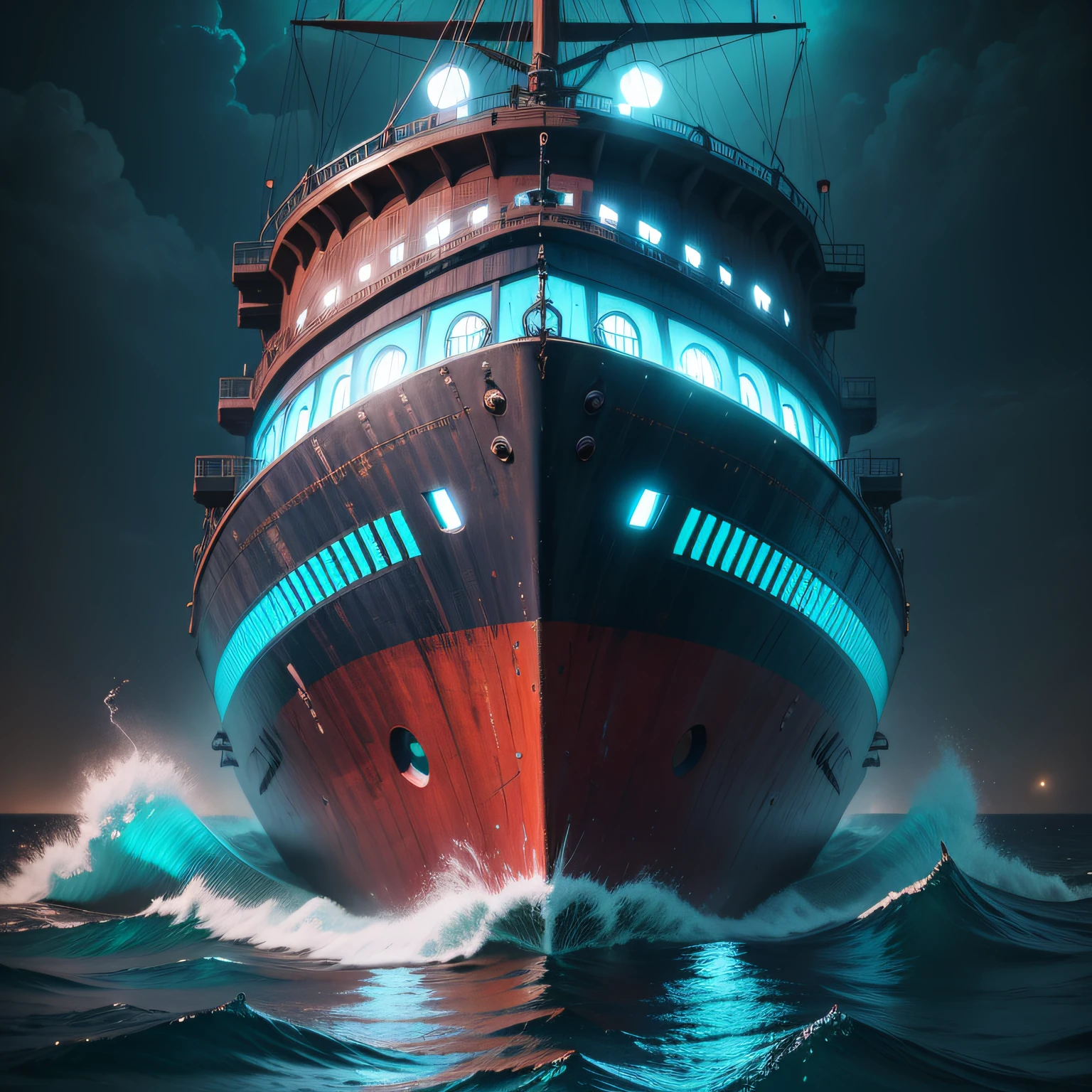 Barco cyberpunk, no mar, sem humano, ((melhor qualidade)), (obra de arte), cinematographic scene, barco grande, ondas violentas, 3d, (imagem realista), visto de frente, 8K resolution, luz neon, Technological details, best ilumination, cores roxas, cor azul, contraste, barco viso de frente